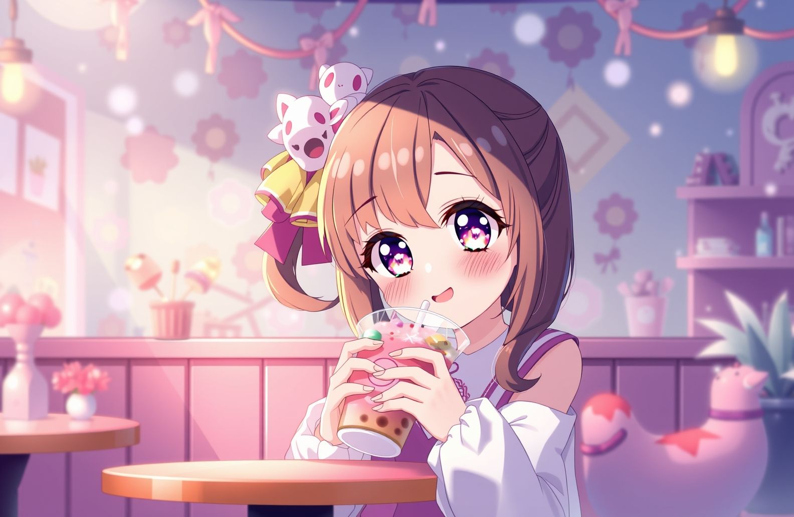 Cute Anime Girl Drinking Boba Wallpaper