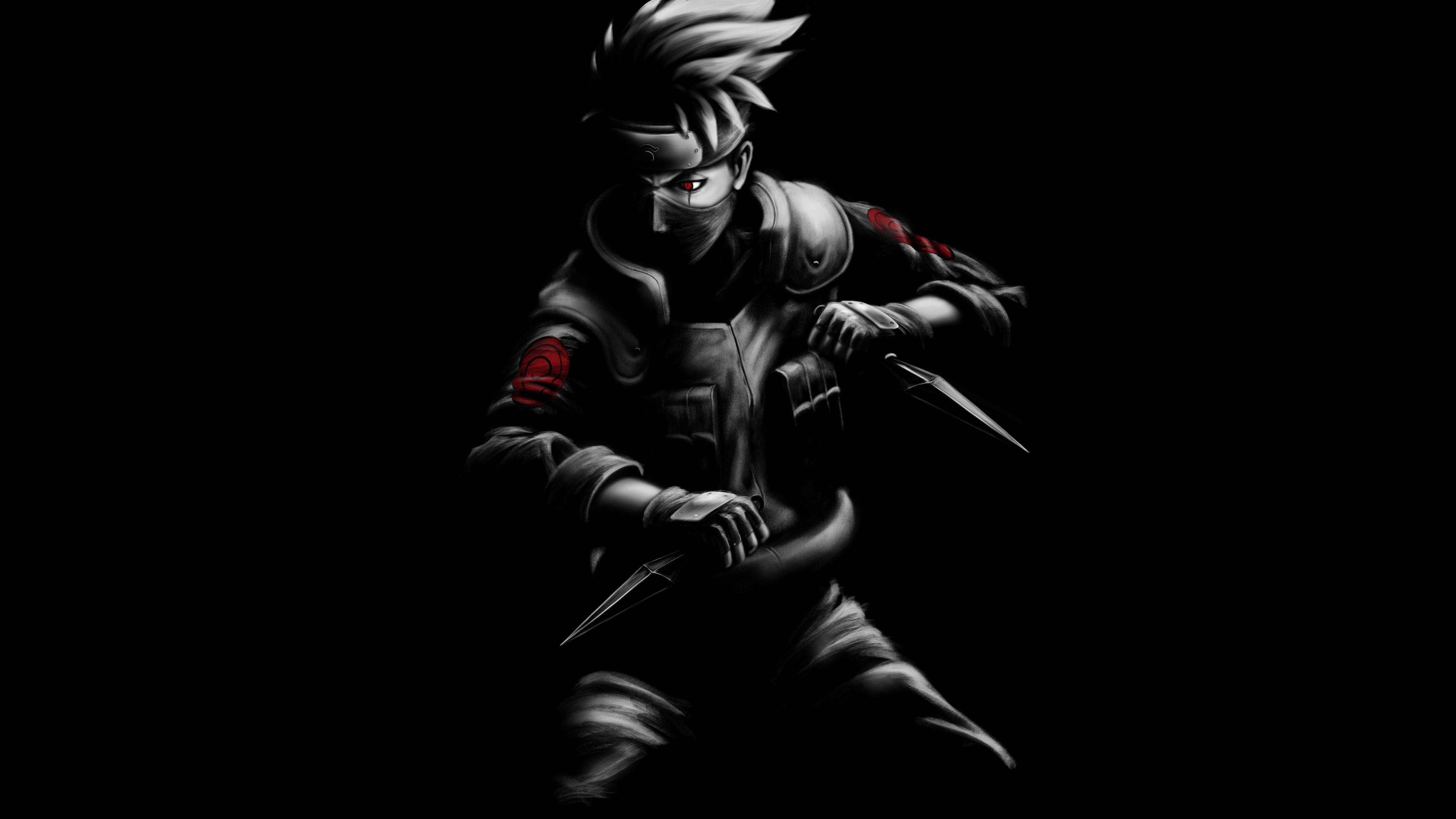 Kakashi Naruto Fan art Black Dark background Minimal 4K 4K