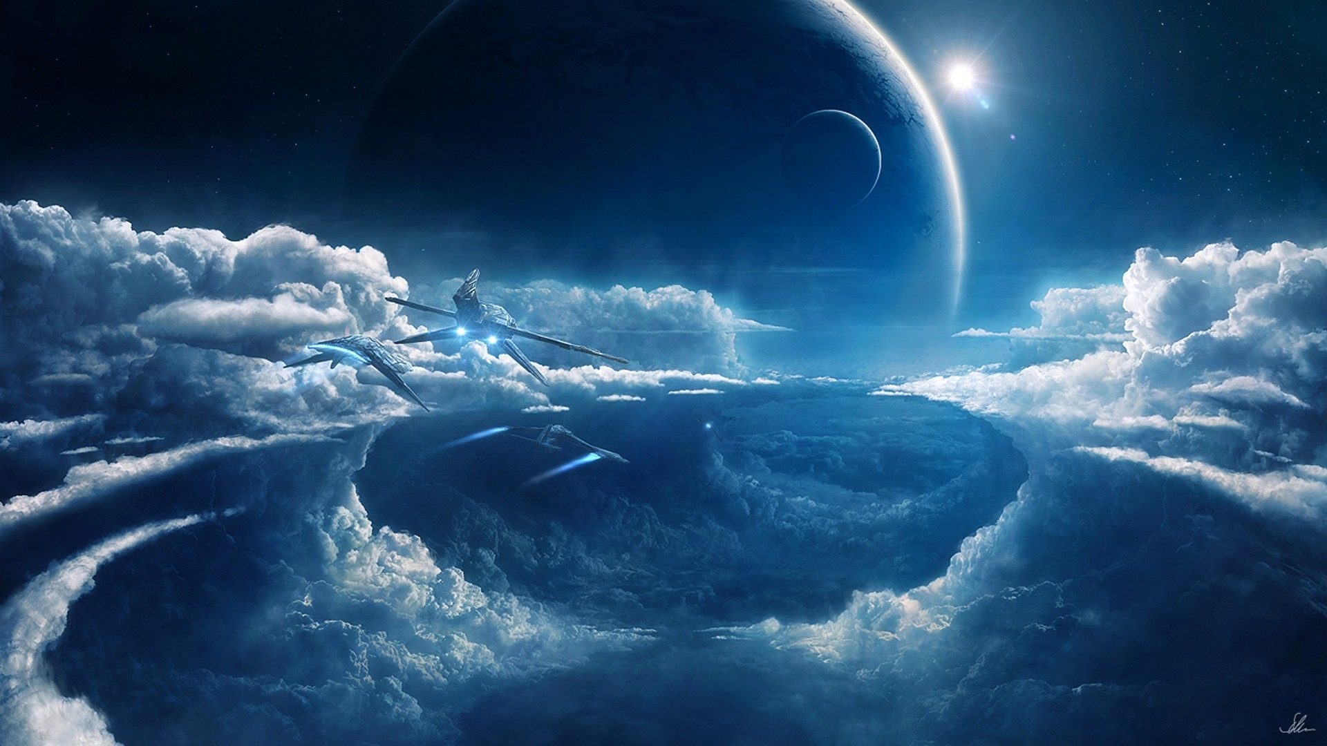 Sci Fi Science Futuristic Spaceship Spacecraft Sky Clouds Flight