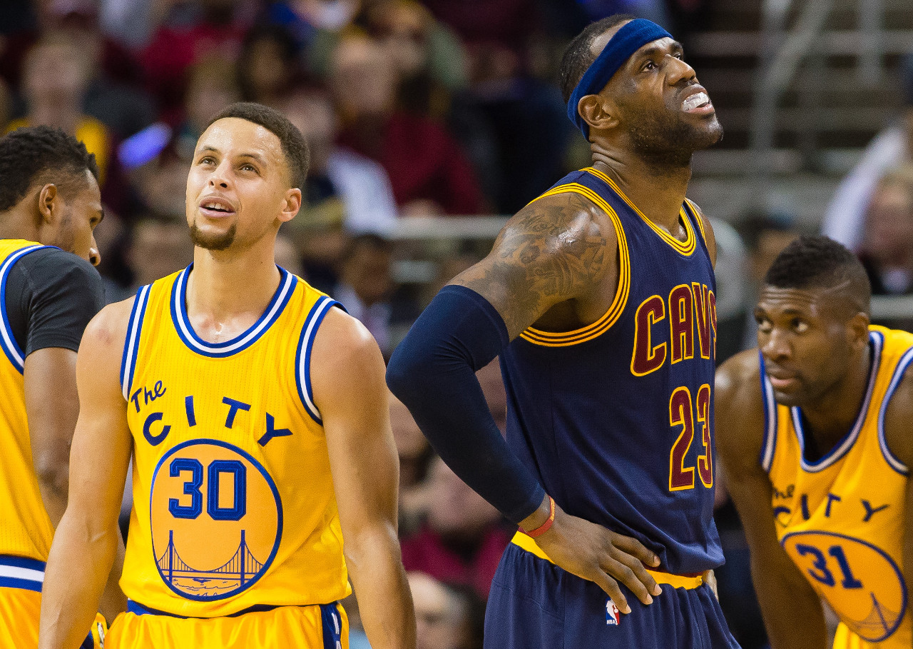 LeBron James and Stephen Curry face off during an NBA game