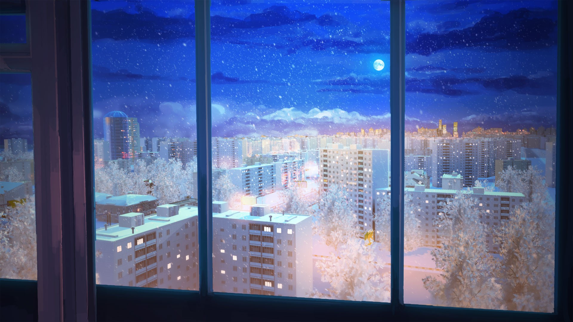 Wallpaper Window Night Reflection Snow Blue Glass