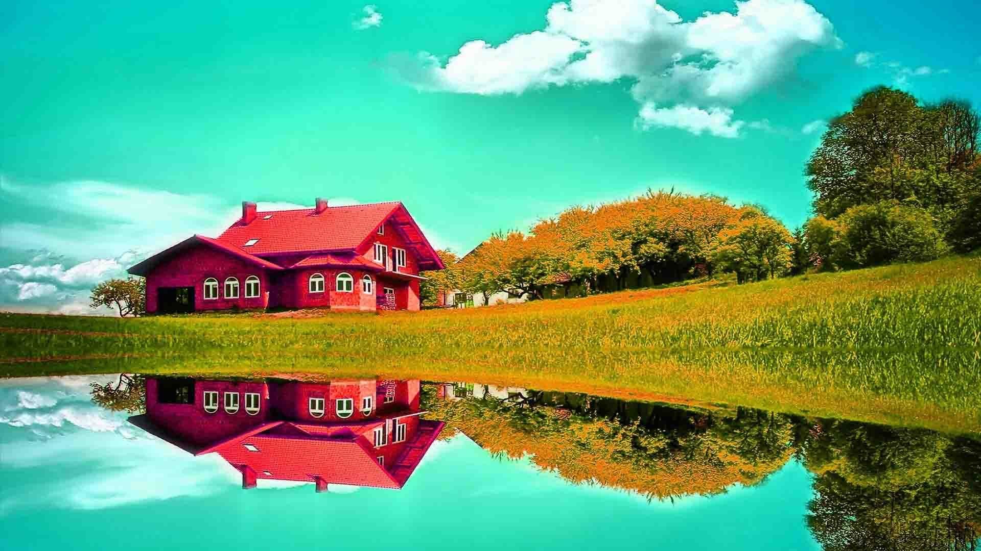A vibrant red house reflected in a tranquil pond, set against a backdrop of lush green fields and colorful trees under a turquoise sky