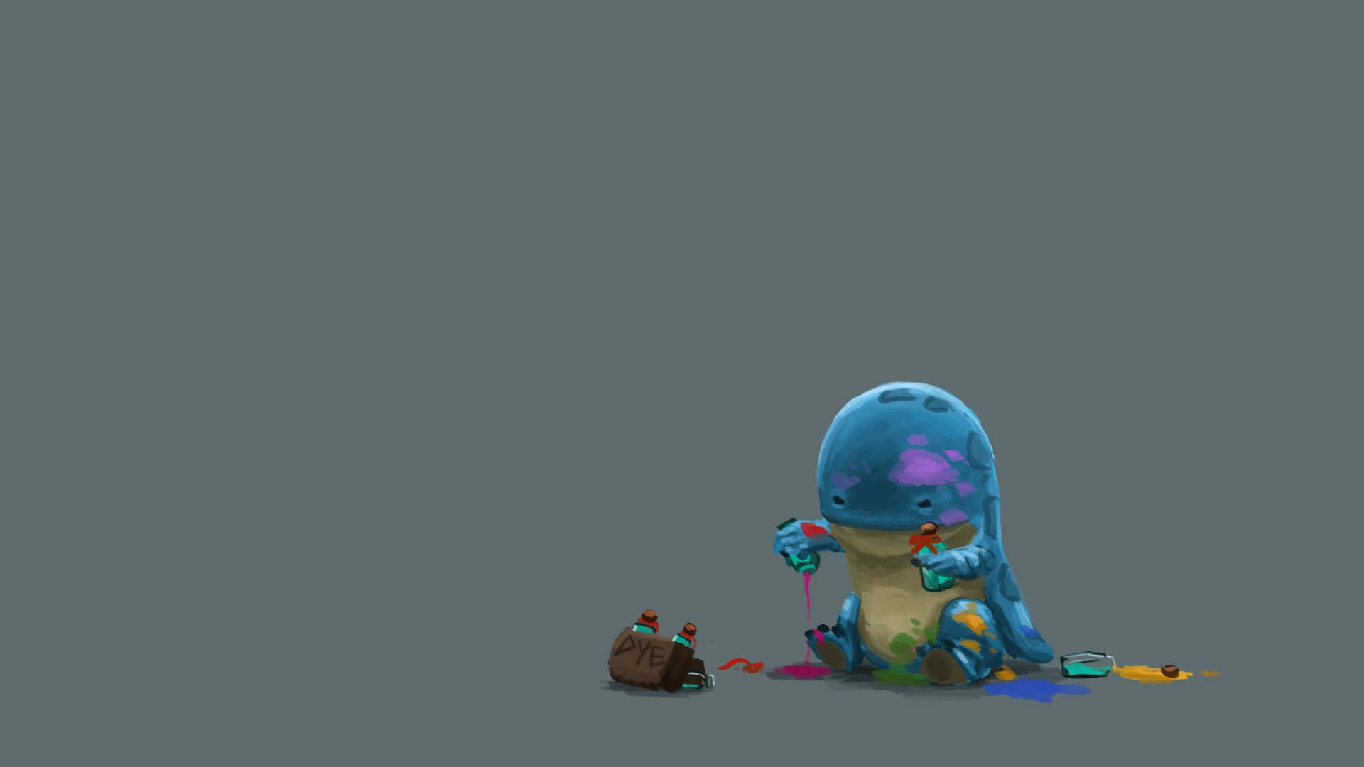 A cute, baby dinosaur sits on the floor, covered in colorful dyes, next to a box labeled 'Dye' and some spilled bottles