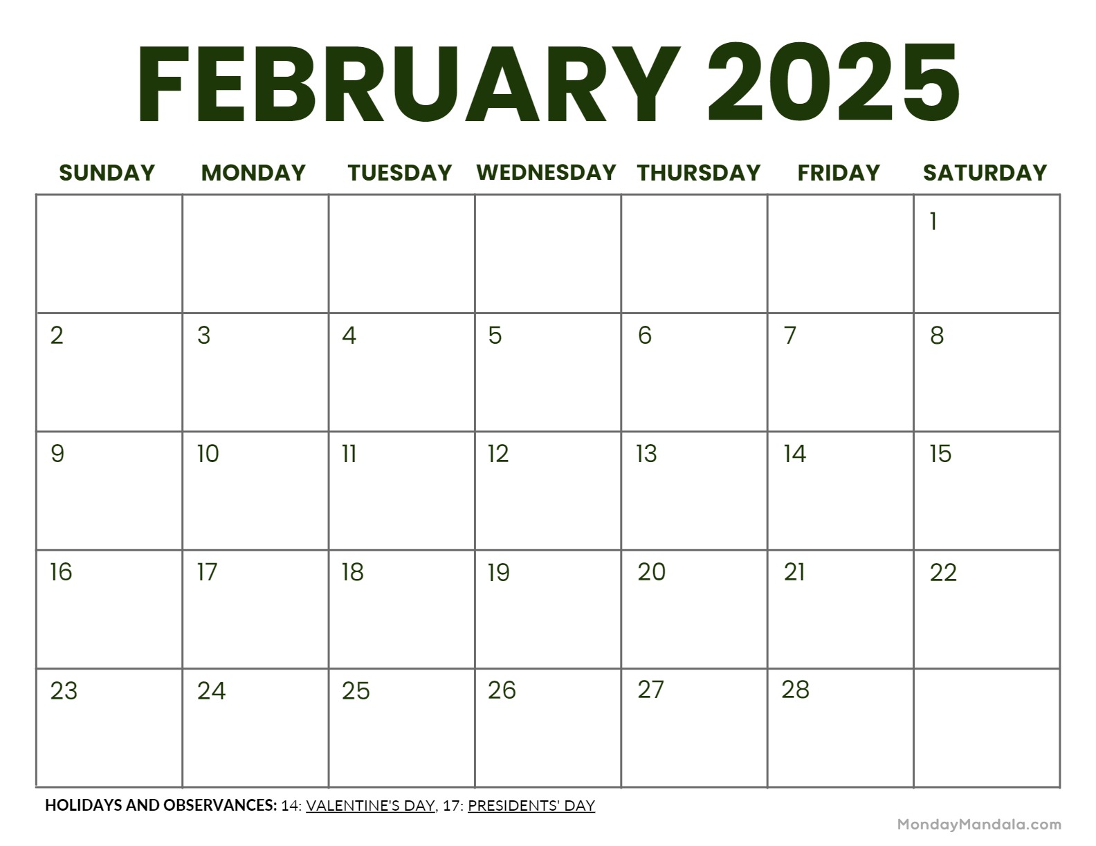 February 2025 calendar with holidays highlighted