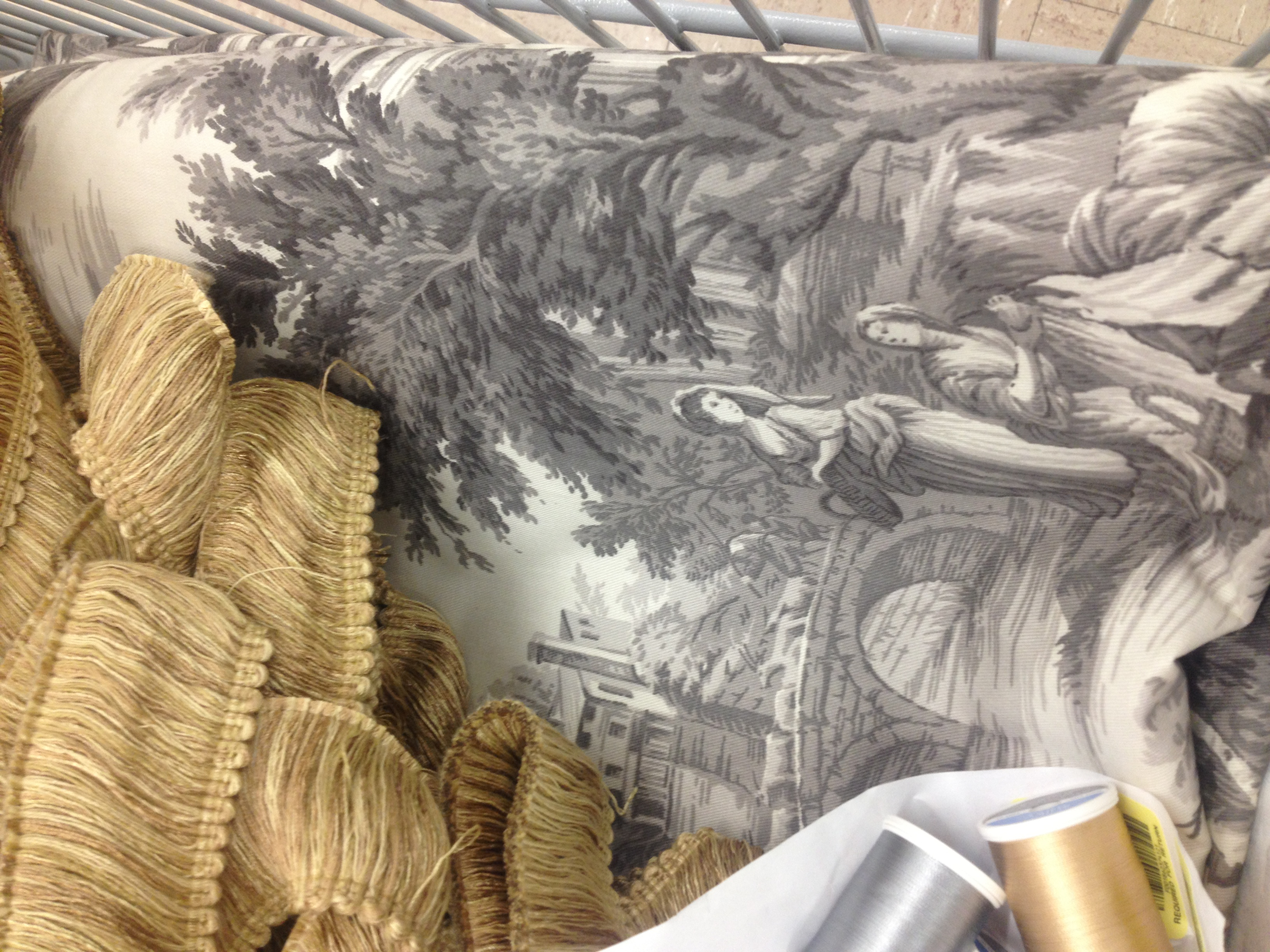 Gray Toile And Gold Trim For Drapes Wallpaper Linens Fabrics