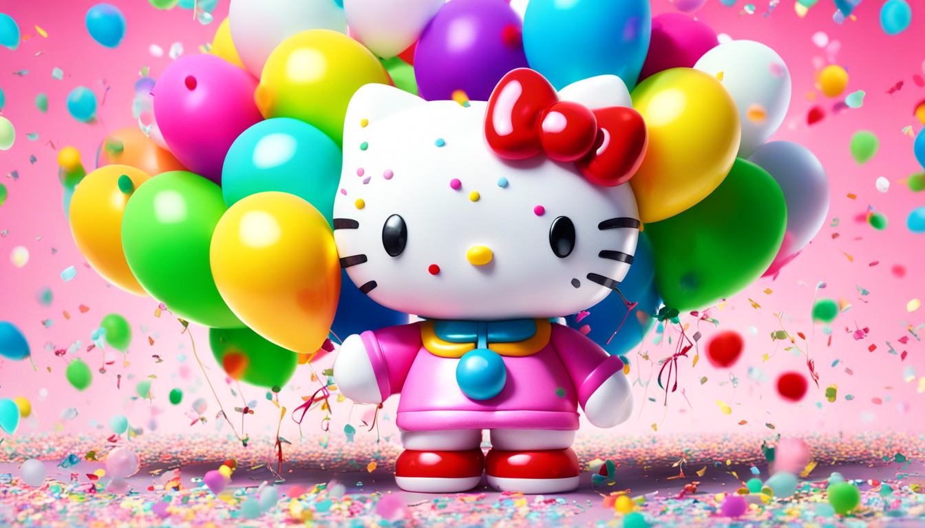 A Whimsical HD Wallpaper Featuring Hello Kitty Surrounded By Colorful Balloons And Confetti Set Against Vibrant Pastel Background The Design Should Evoke Sense Of Joy Playfulness Perfect For Brightening Up Any Desktop Screen