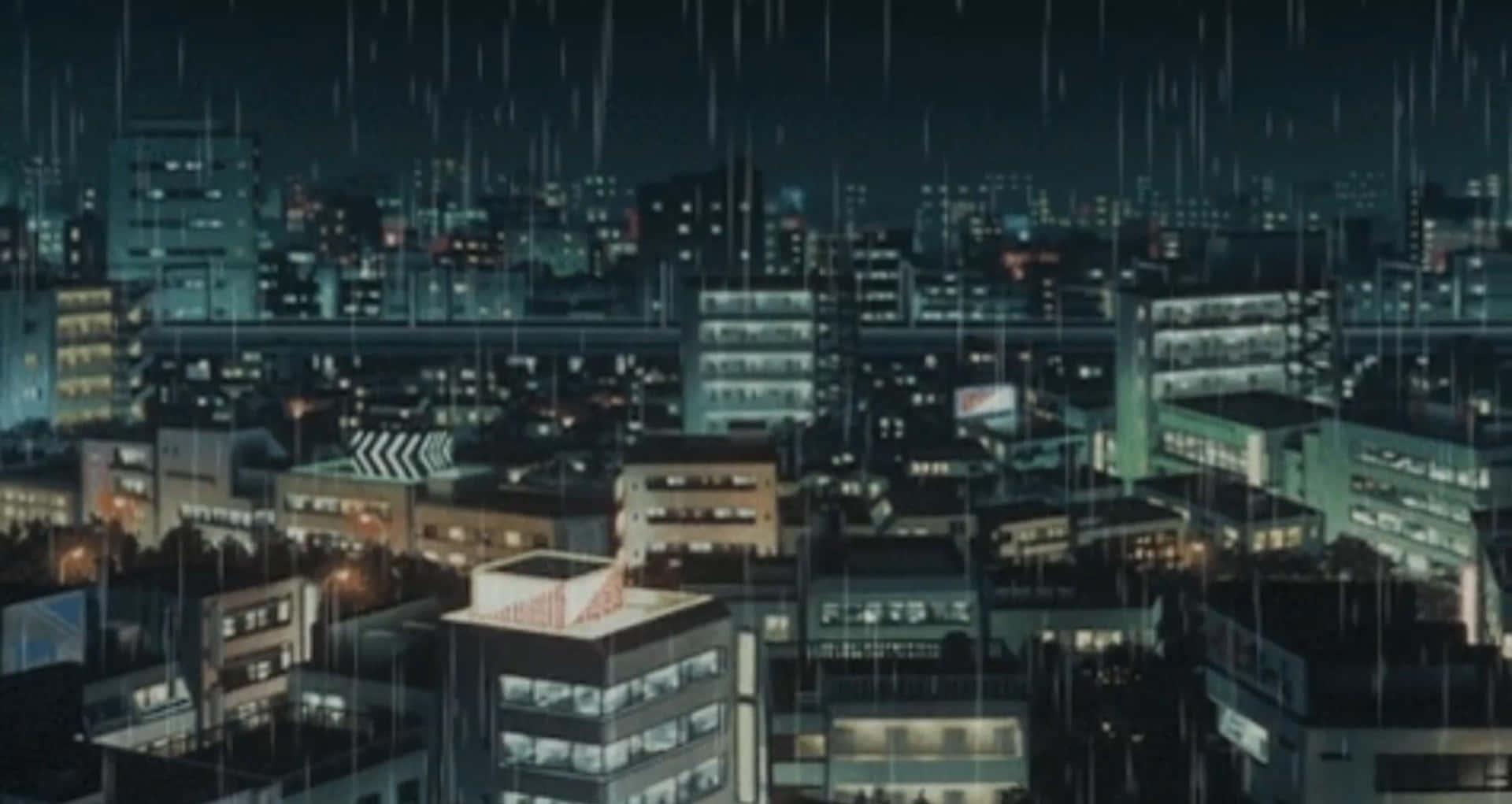 A City With Buildings And Rain In The Background