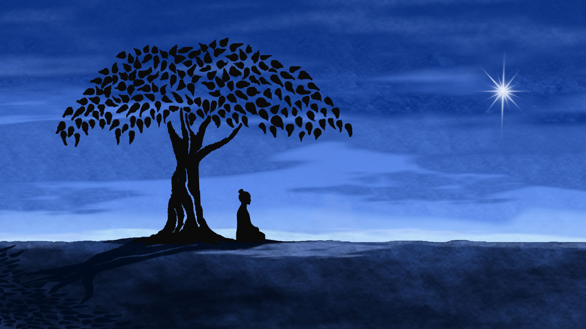 Buddha Meditation Under Linden Tree Star Silhouette