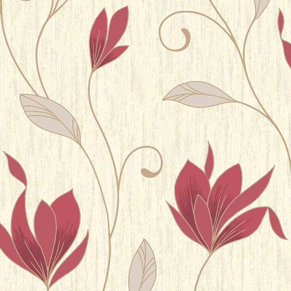 Vymura Synergy Glitter Floral Wallpaper Rich Red Cream Gold Designer