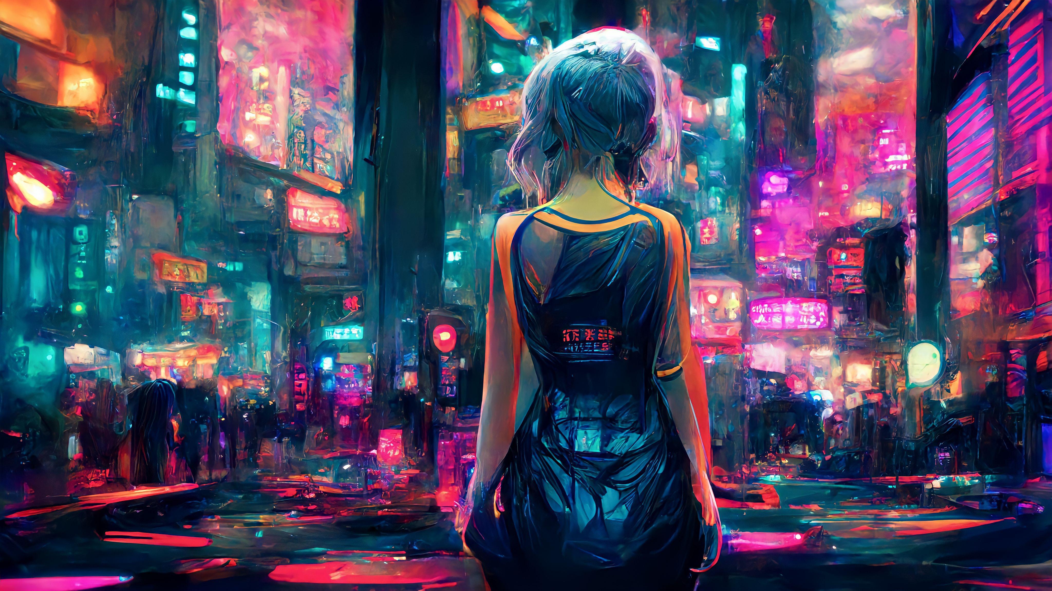Cyberpunk Anime Girls Neon City Lights Futuristic Ai Art