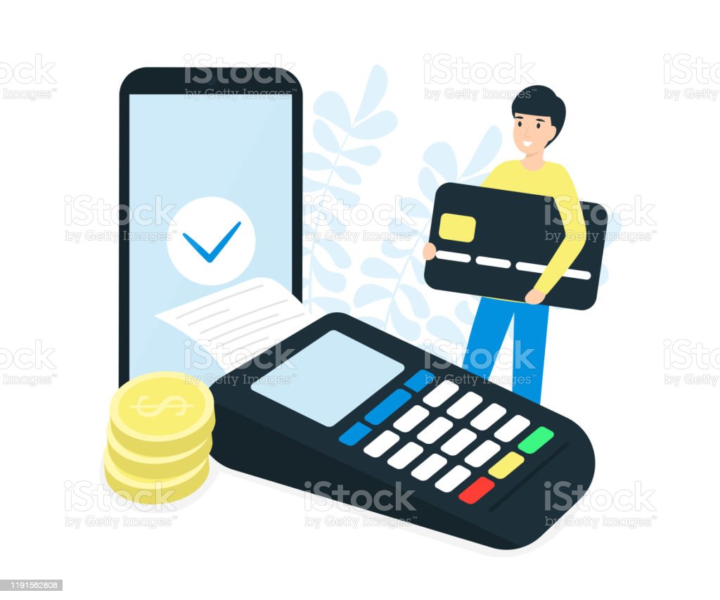 Pos Terminal Mobile Coins Man With Credit Card Stock Illustration