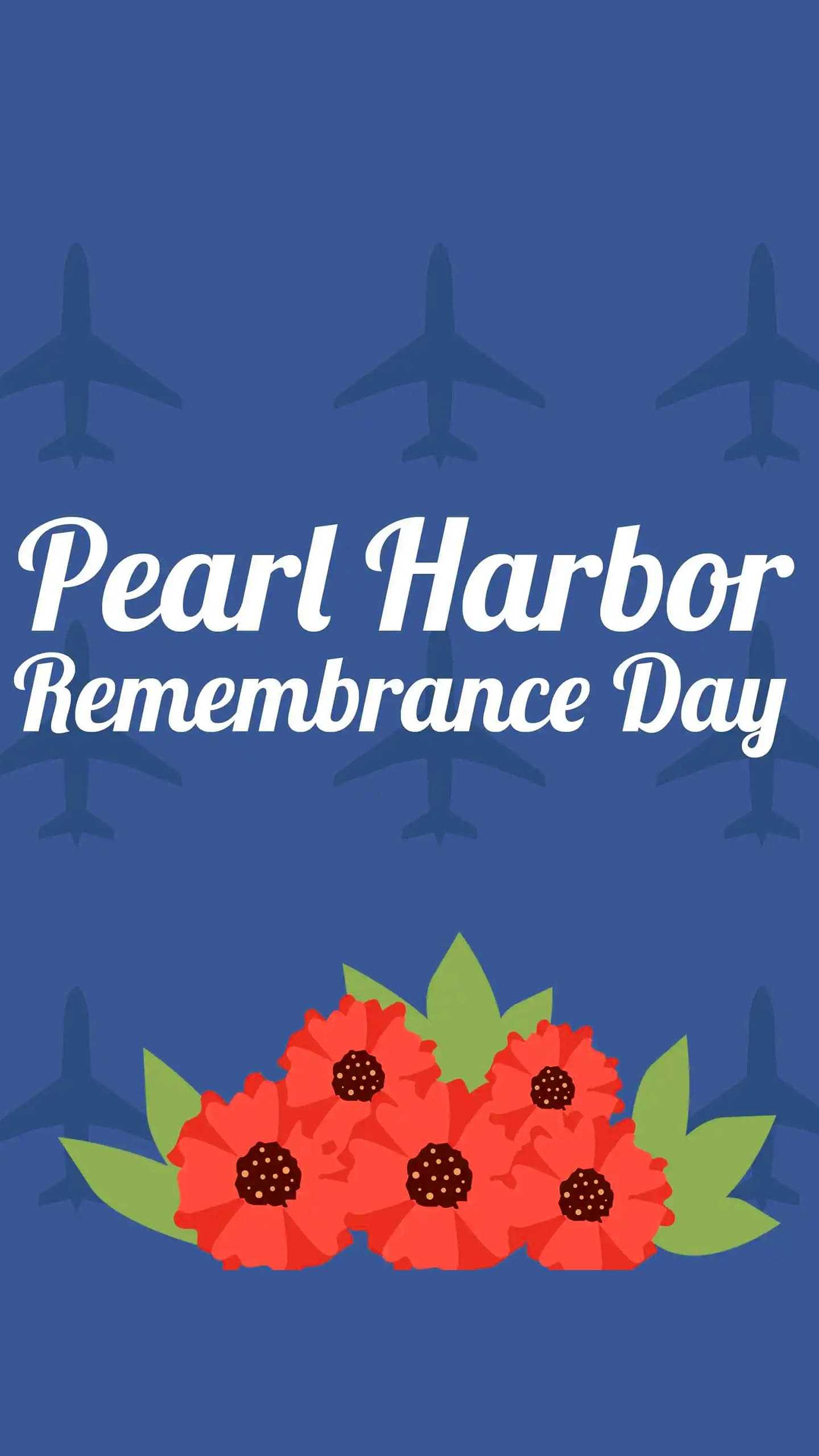 Image commemorating Pearl Harbor Remembrance Day with red poppy flowers and silhouettes of planes against a blue background
