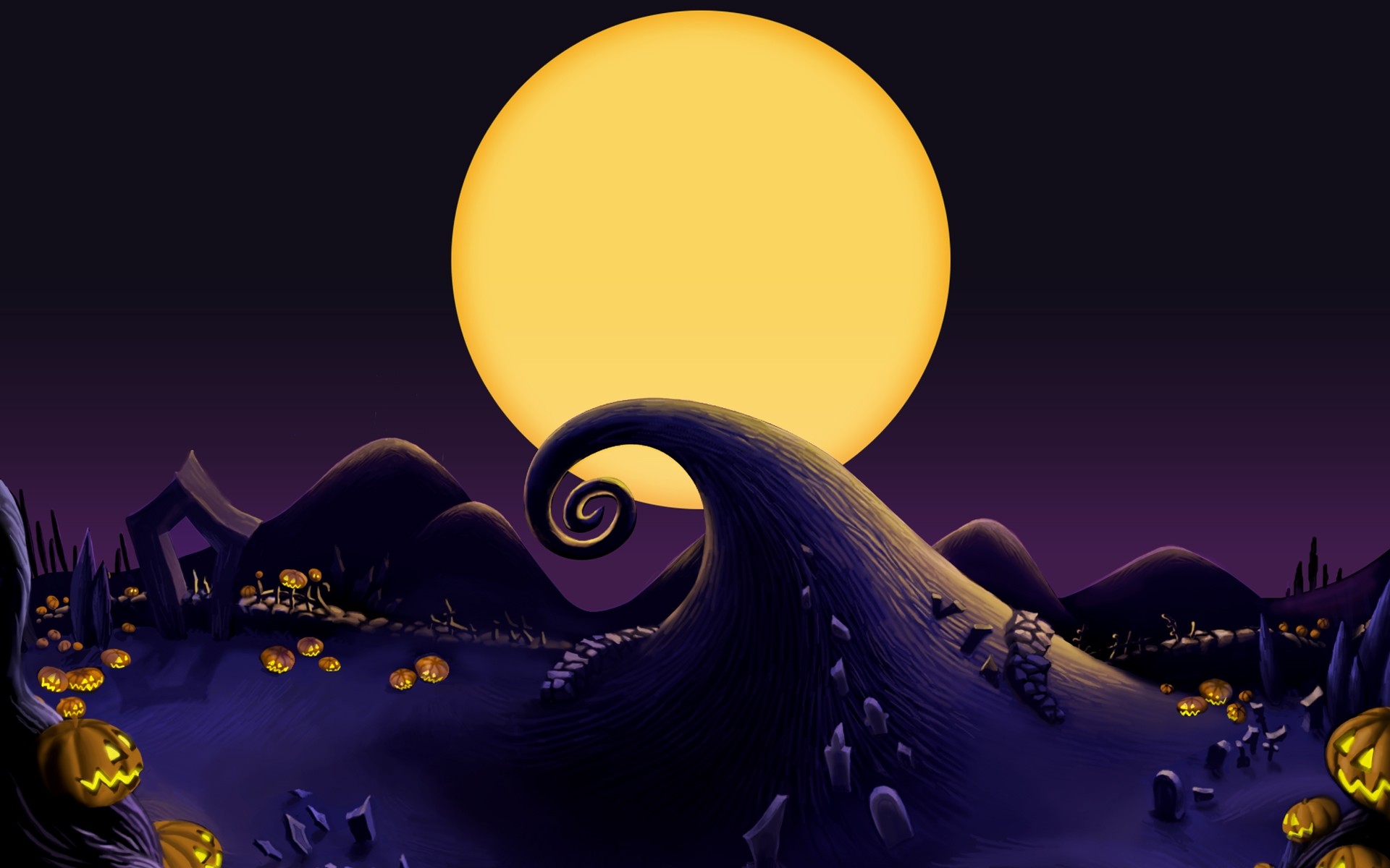 A whimsical Halloween landscape from The Nightmare Before Christmas, featuring a swirling hill, a bright yellow moon, and glowing jack-o'-lanterns
