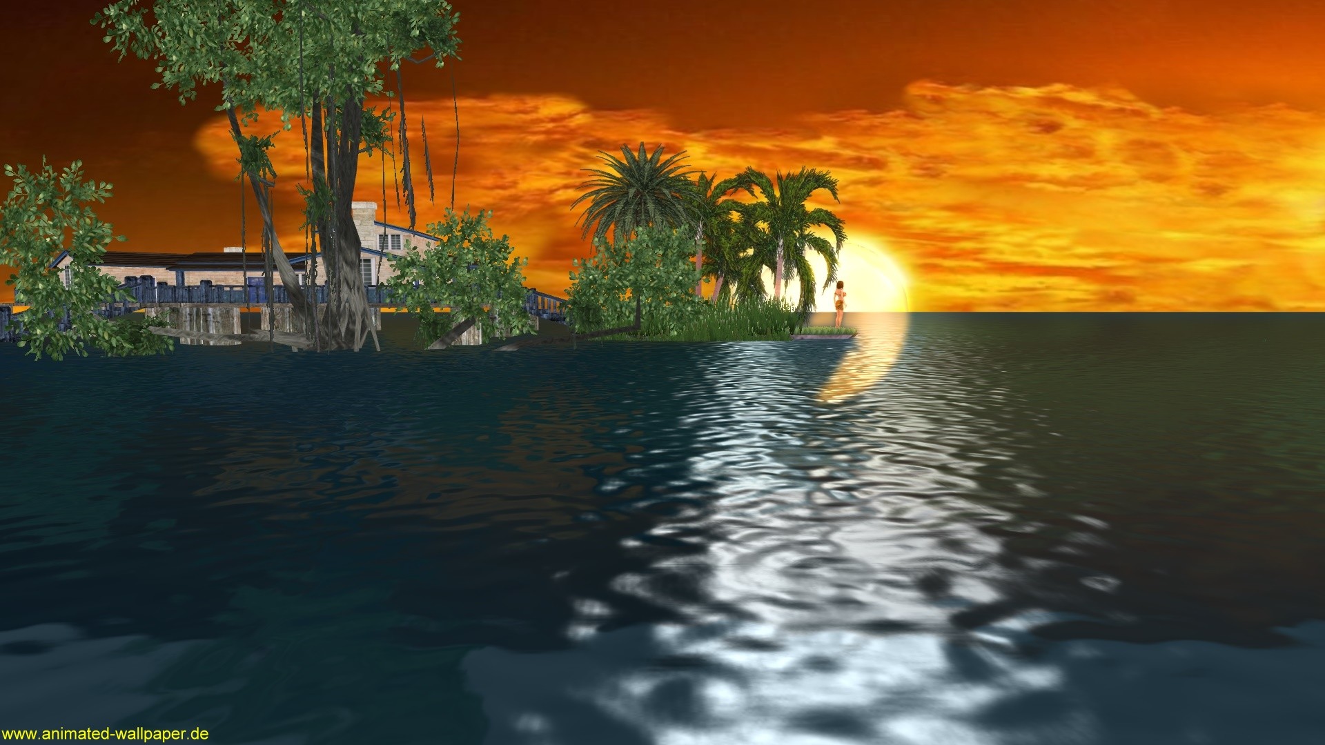 3D Render of a Tropical Island at Sunset with a Woman in a Bikini