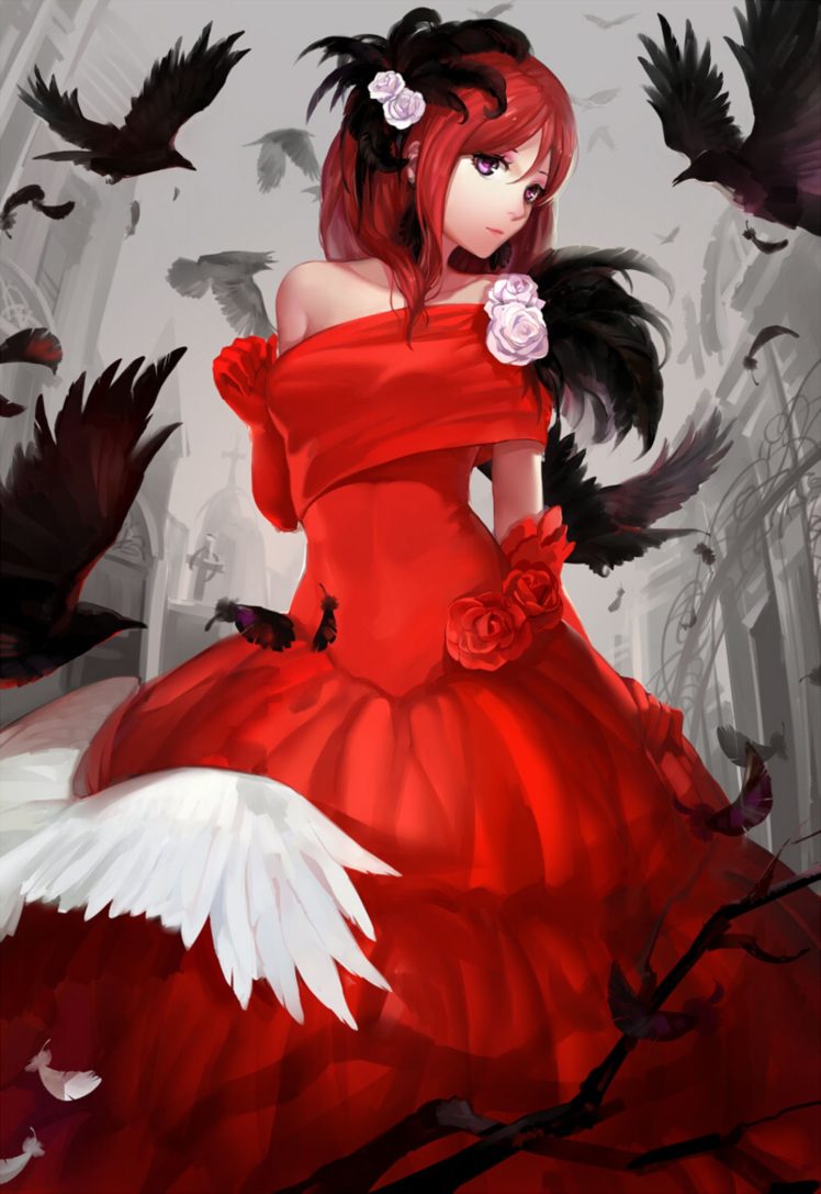 Anime Girl Bird Red Dress Rose Wallpaper HD Desktop And
