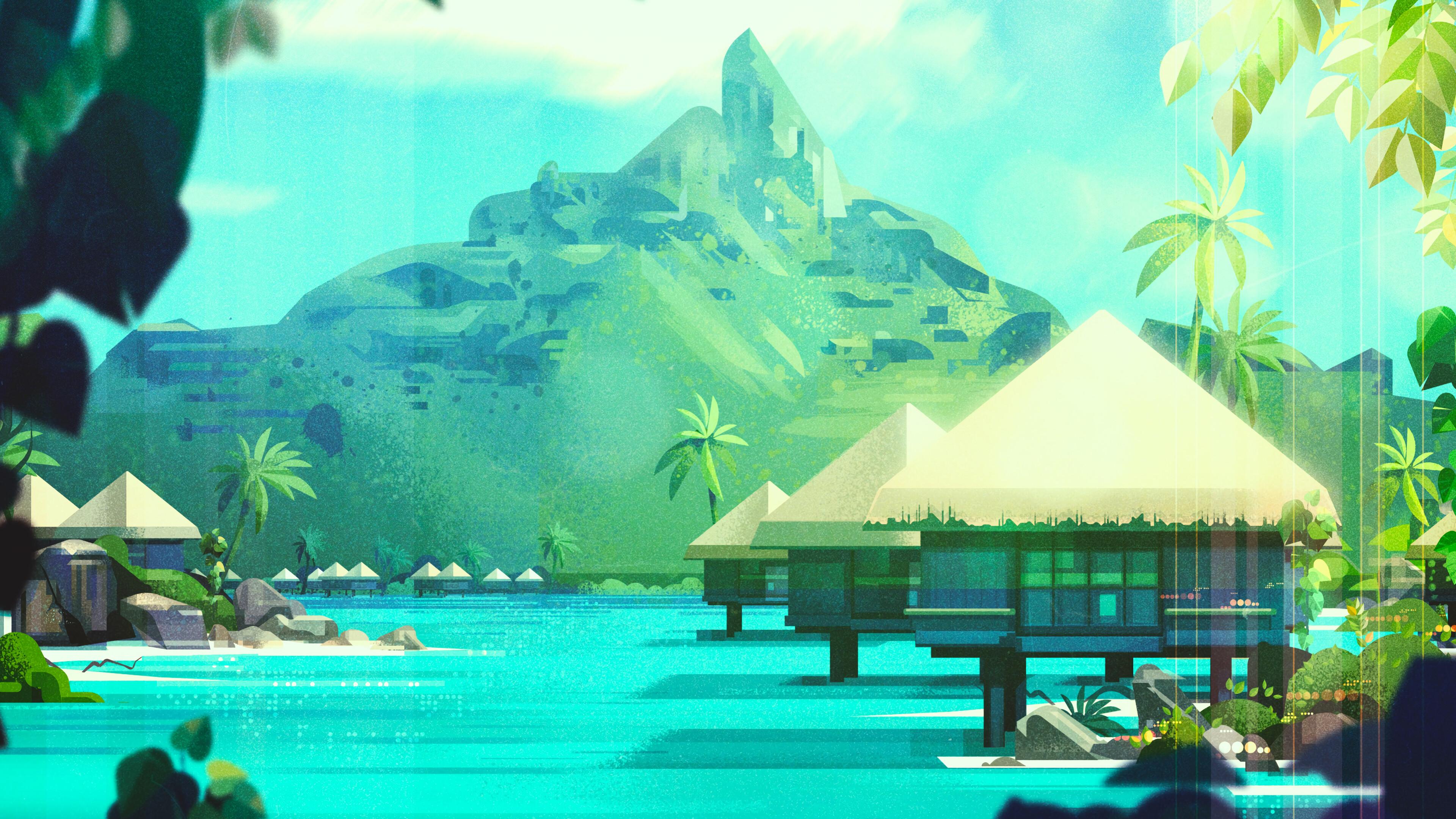 Island Scenery Digital Art Illustration 4k Wallpaper