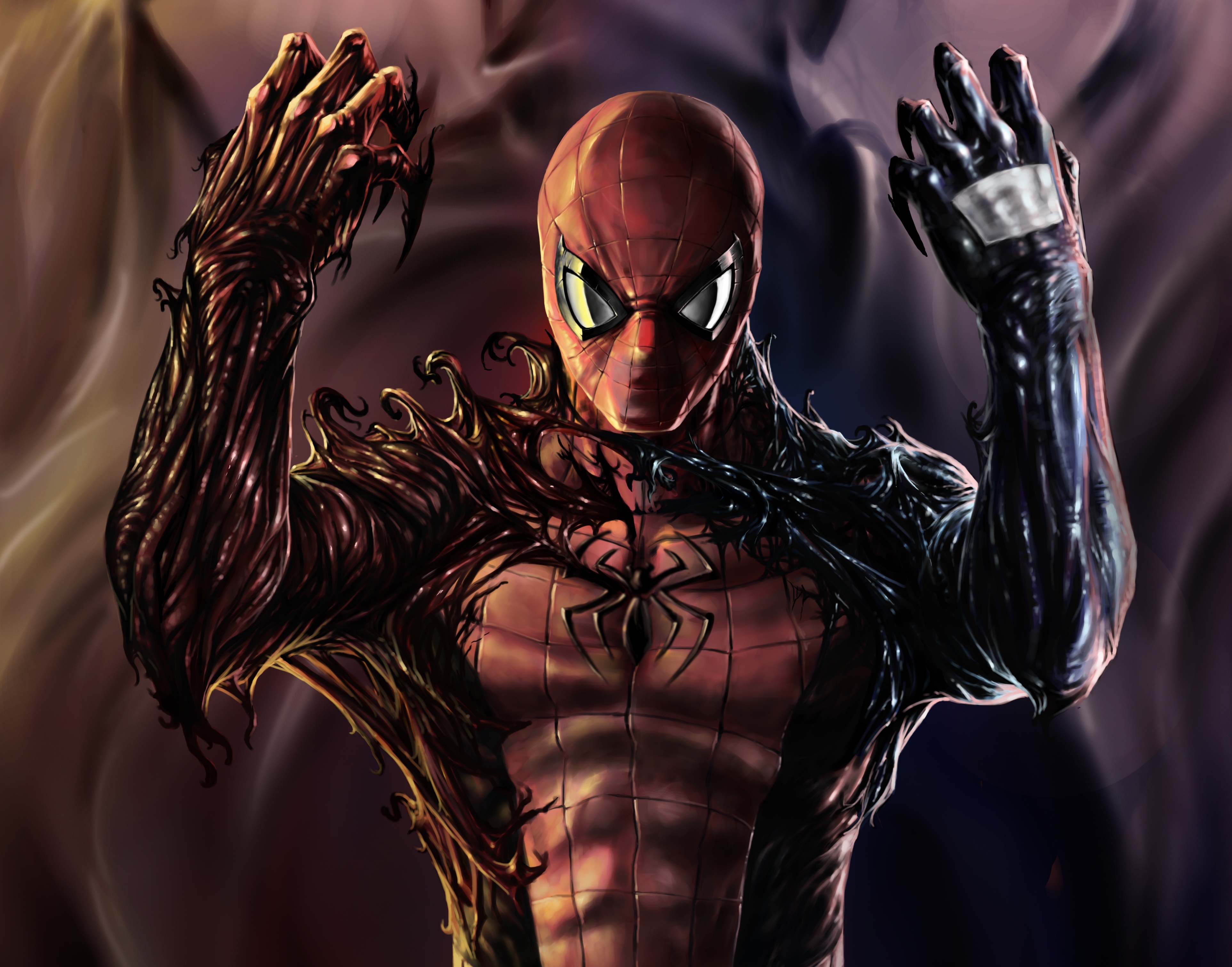 Spider-Man partially consumed by the Venom symbiote, showcasing the struggle between hero and alien