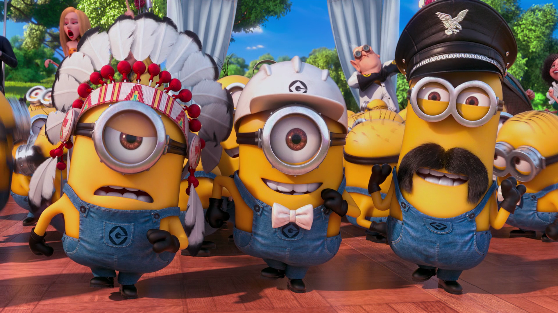Minions dressed up in various costumes at a celebration from Despicable Me