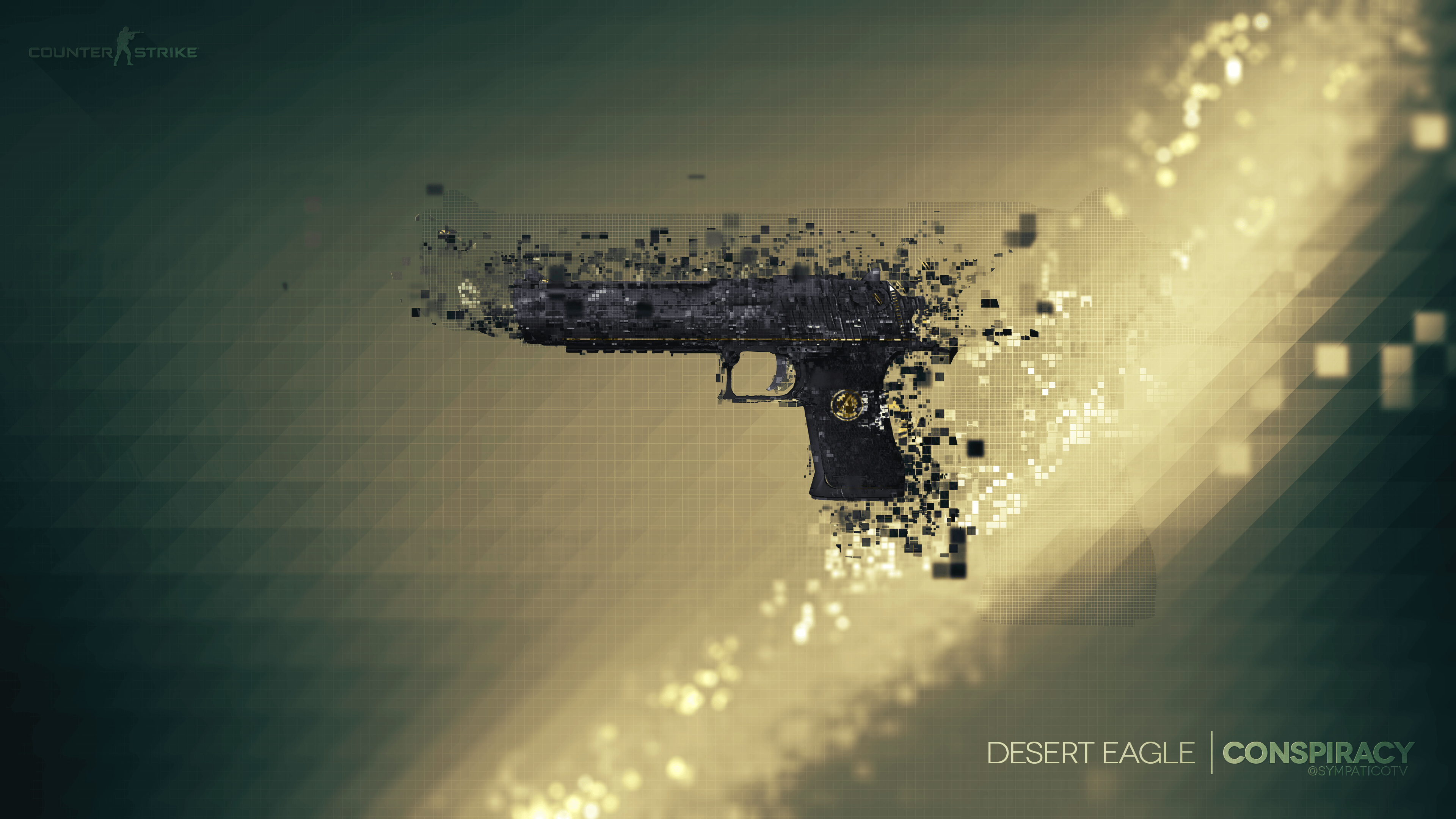A disintegrating Desert Eagle | Conspiracy skin from CS:GO against a pixelated background