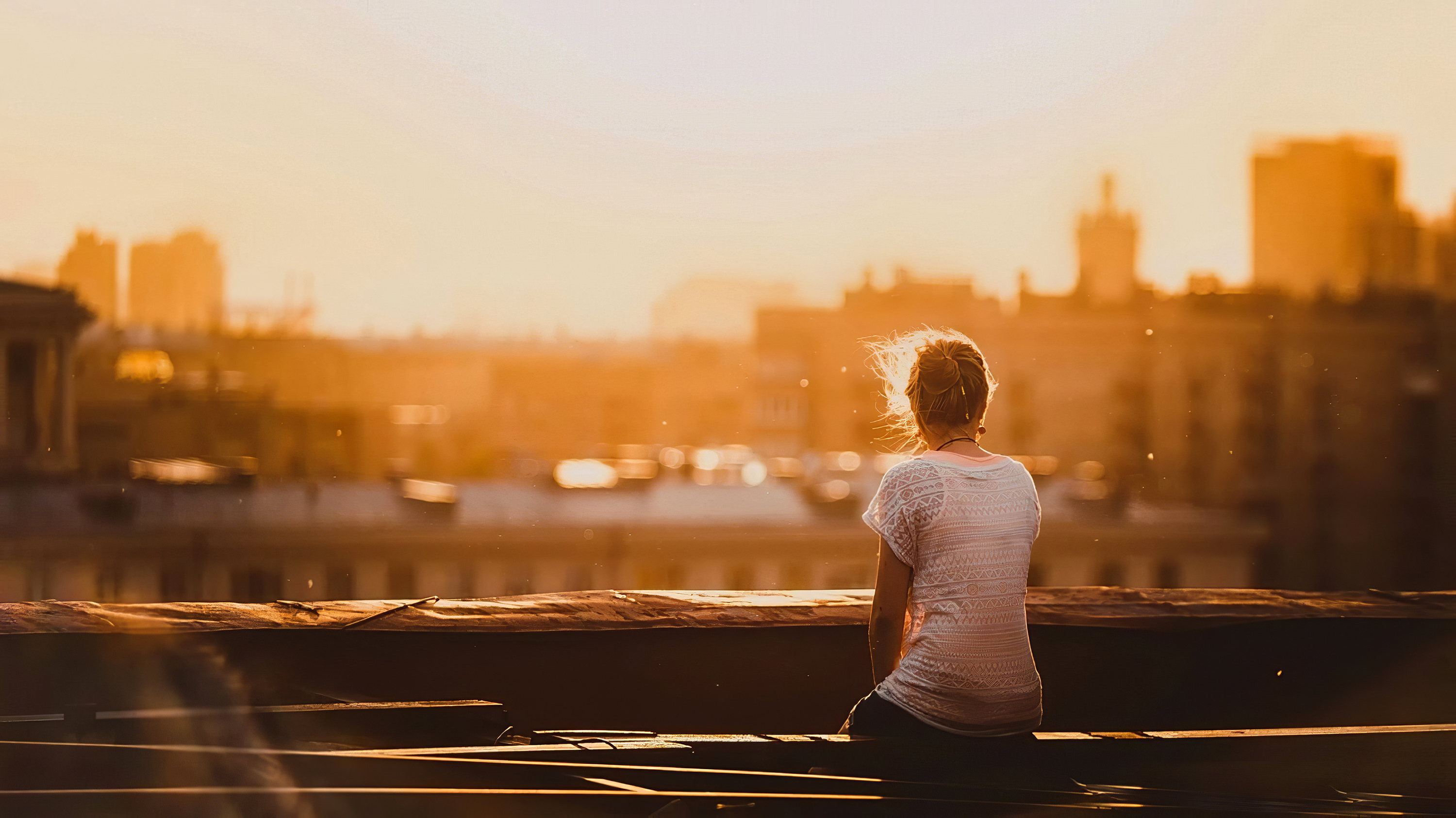 Girl Sitting On Rooftop Alone Wallpaper HD Girls 4k