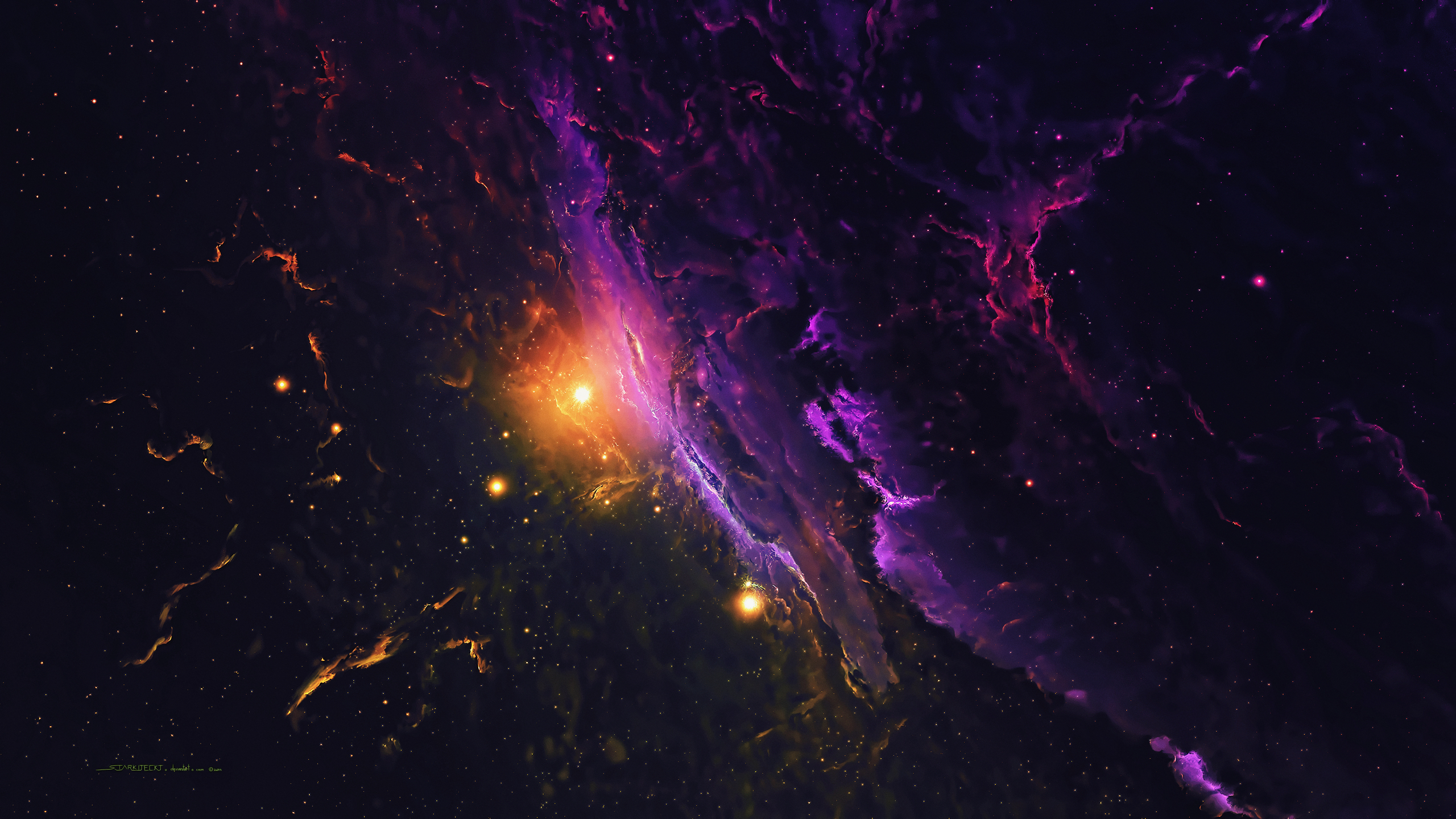Vivid purple and orange nebula clouds in a vast starry expanse, creating a breathtaking cosmic scene