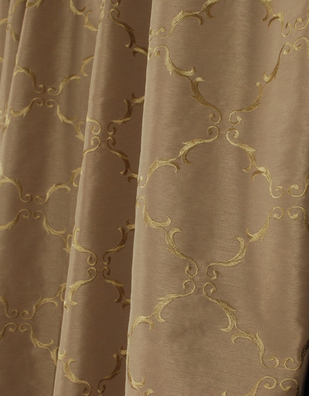 Taupe Faux Silk Embroidered Scroll Trellis Drapery Fabric