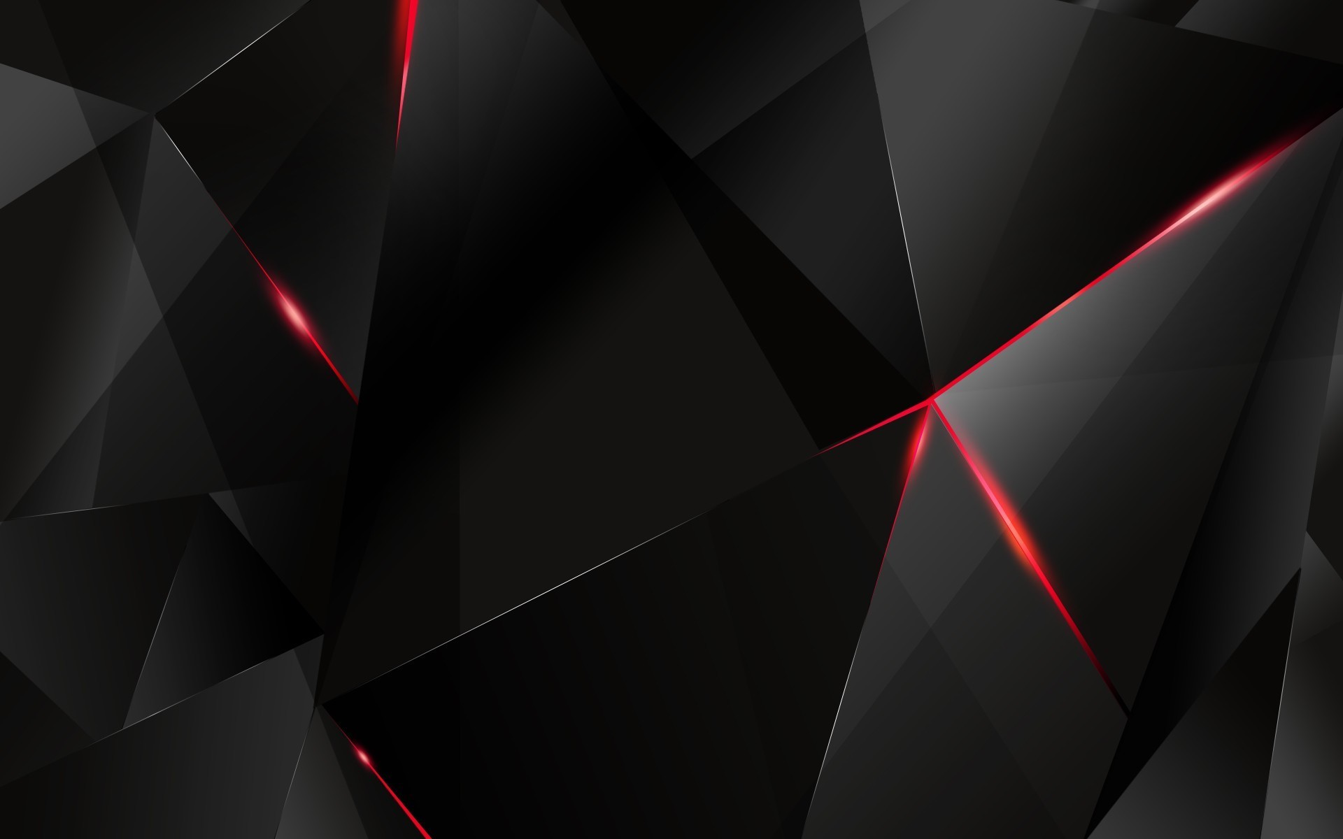 A striking abstract wallpaper with a dark, geometric design featuring sharp, triangular shapes in black. Thin, glowing red lines accentuate the edges of the polygons, creating a dramatic contrast