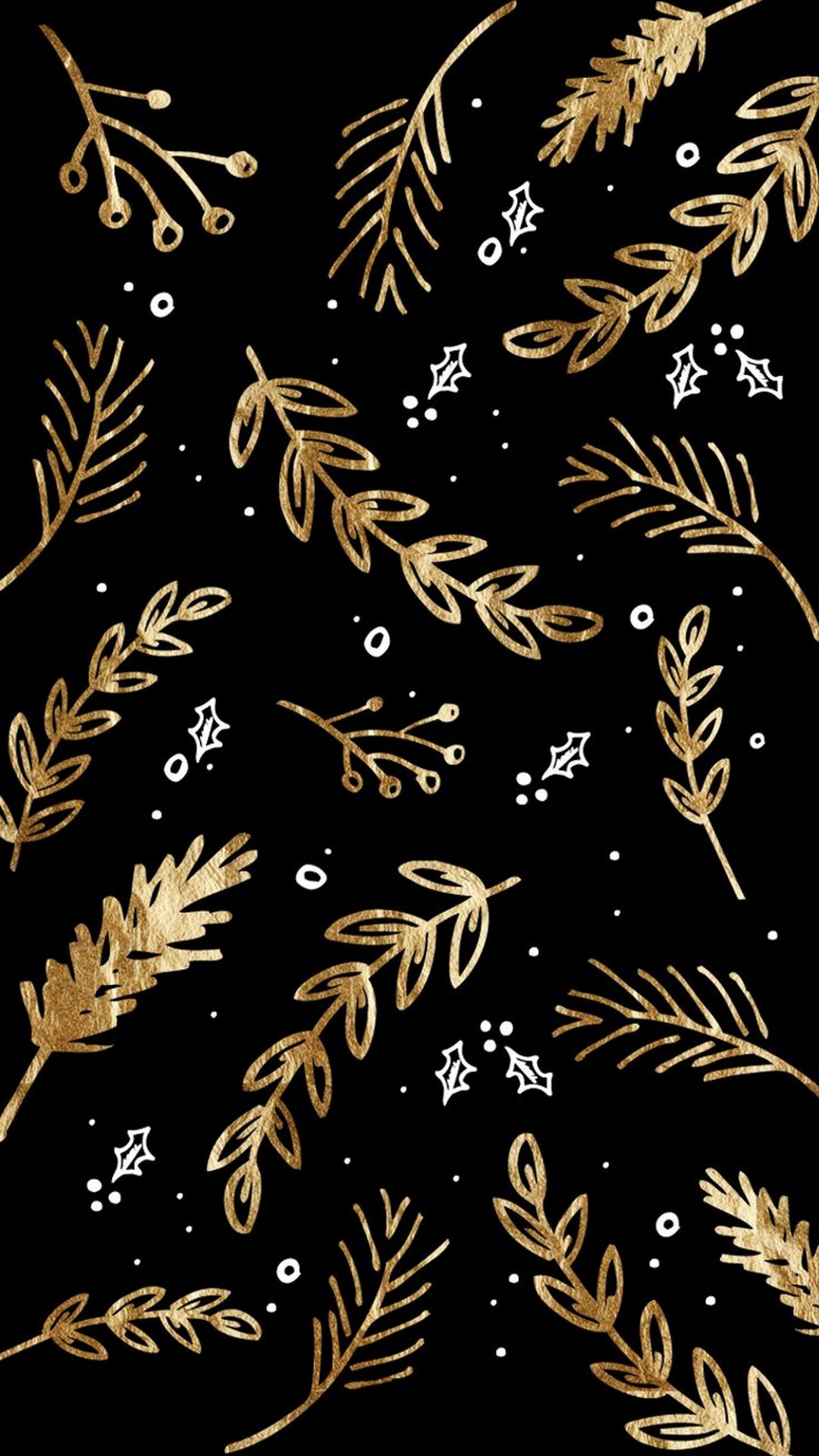 A chic black and gold phone wallpaper with a minimalist design of gold foil leaves and sprigs on a black background