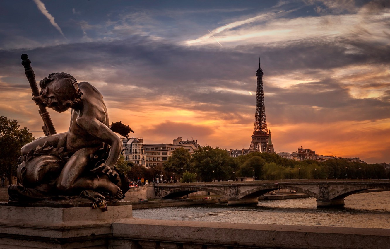 Wallpaper Sunset River France Paris Eiffel Tower