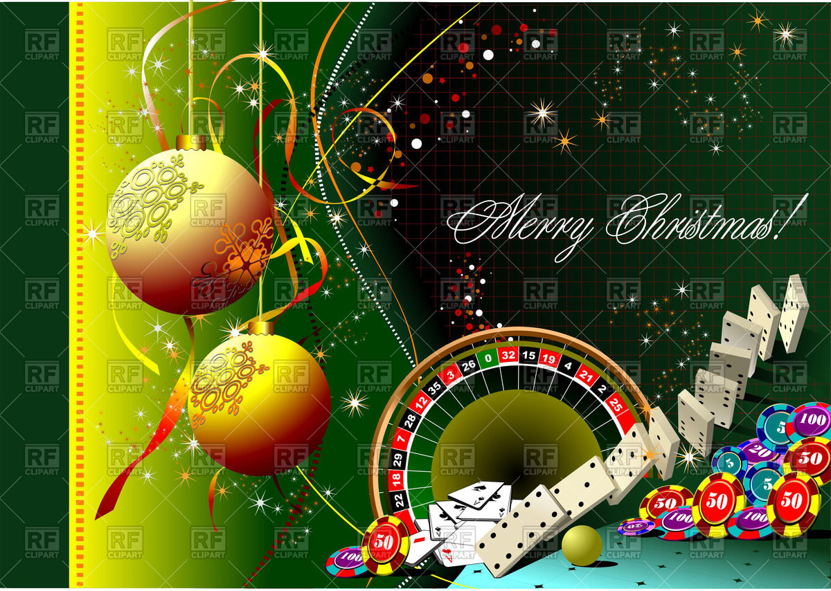 Christmas Background With Gaming Pieces Cards And Casino Roulette
