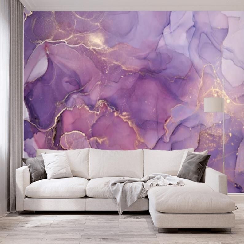Peel and Stick Purple Gold Abstract Watercolor Wallpaper Mural