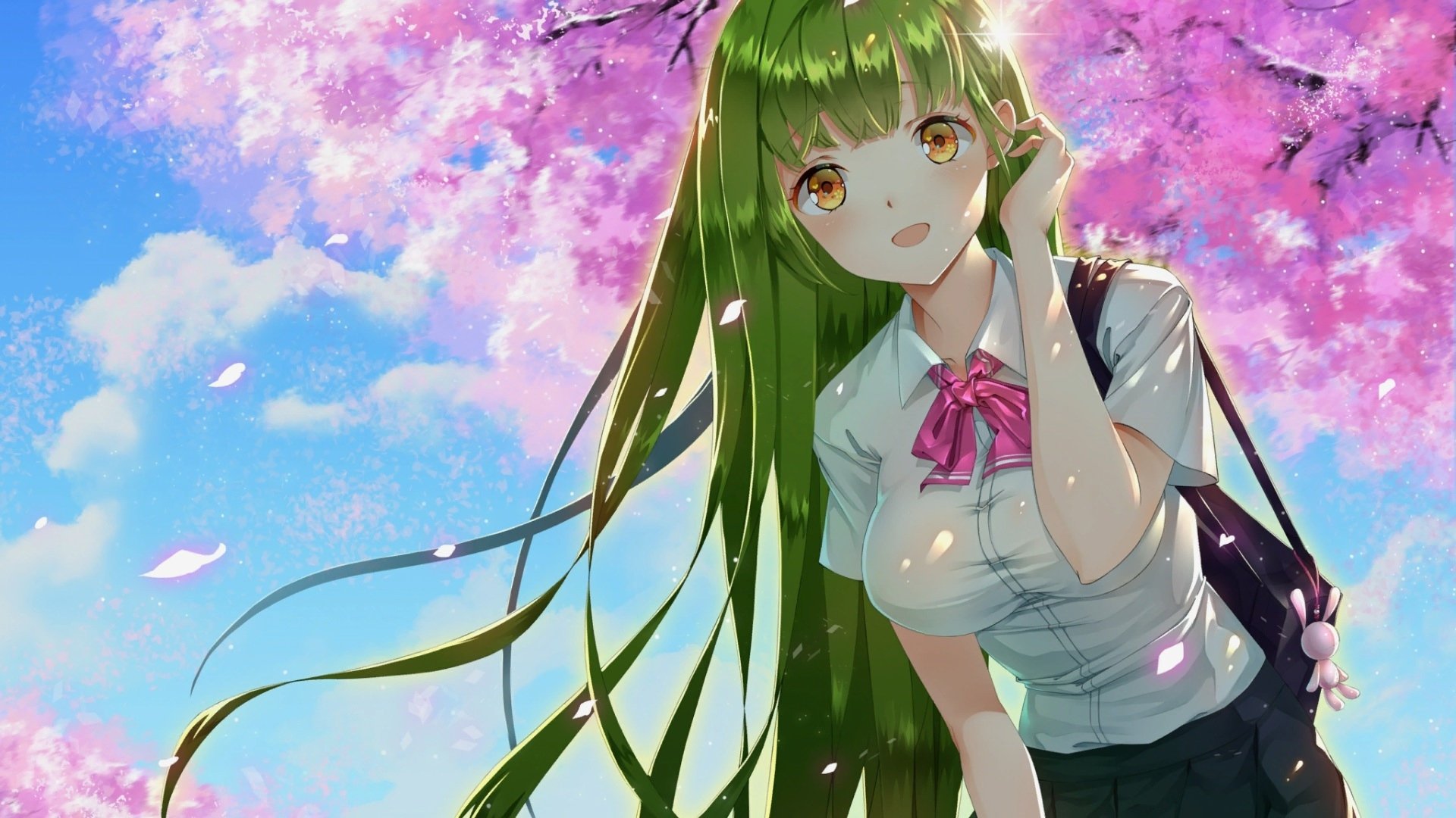 Anime girl with green hair and brown eyes Desktop wallpapers 1920x1080