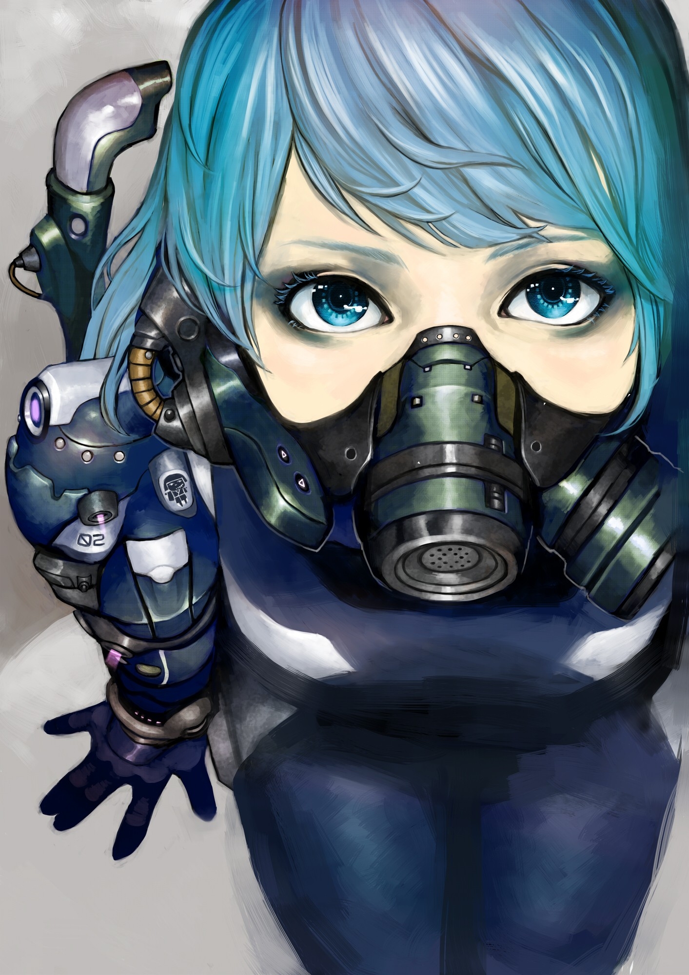 Blue Eyes Hair Gas Masks Simple Background Anime Girls Solo