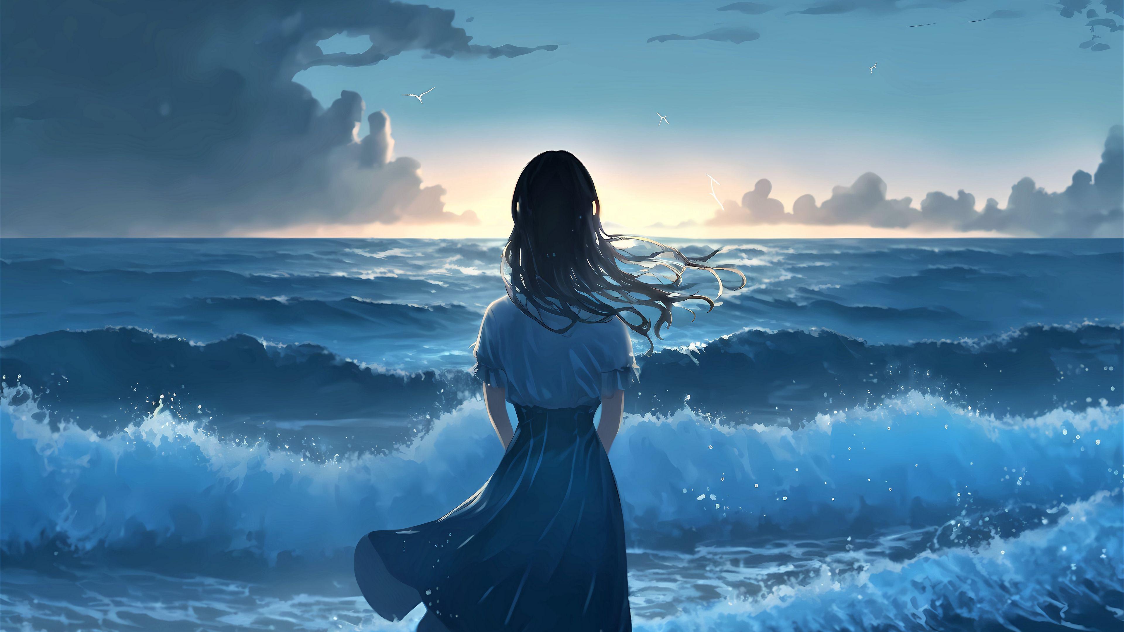 Beautiful Blue Hair Anime Girl in Ocean Night by FuturistArtist on  DeviantArt-demhanvico.com.vn