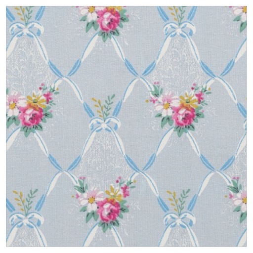 Pretty Blue Ribbons Rose Floral Vintage Wallpaper Fabric