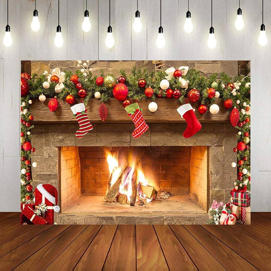 Amazoncom Mocsicka Christmas Fireplace Theme Backdrop for
