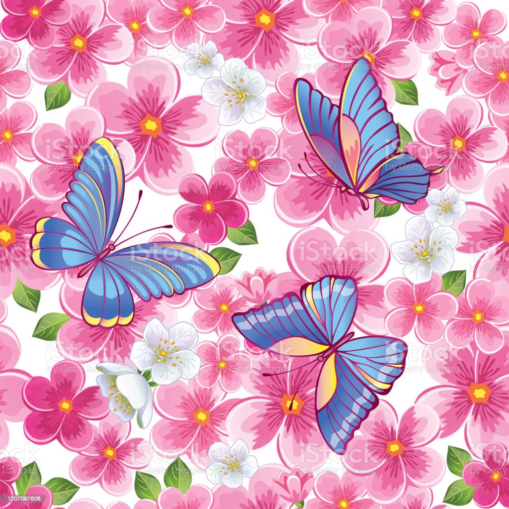 Beautiful Background With Pink Flowers And Butterfly Colored