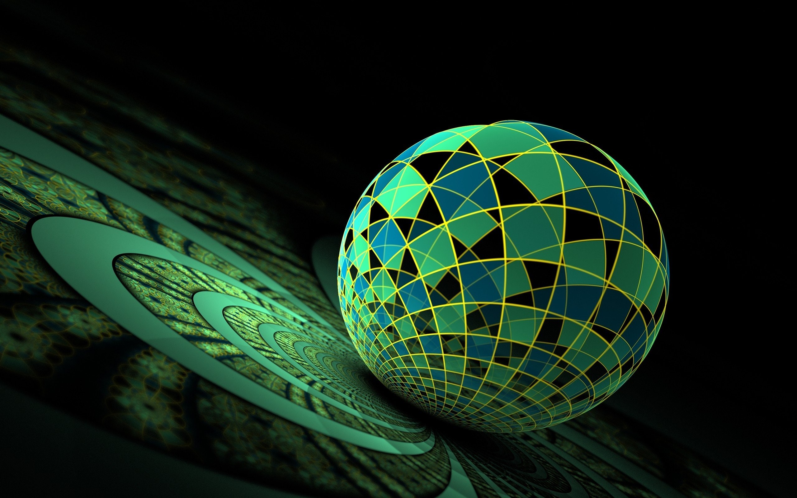 A 3D rendered abstract sphere with a mosaic pattern of green and blue tiles, resting on a swirling green and black background, perfect for a desktop wallpaper
