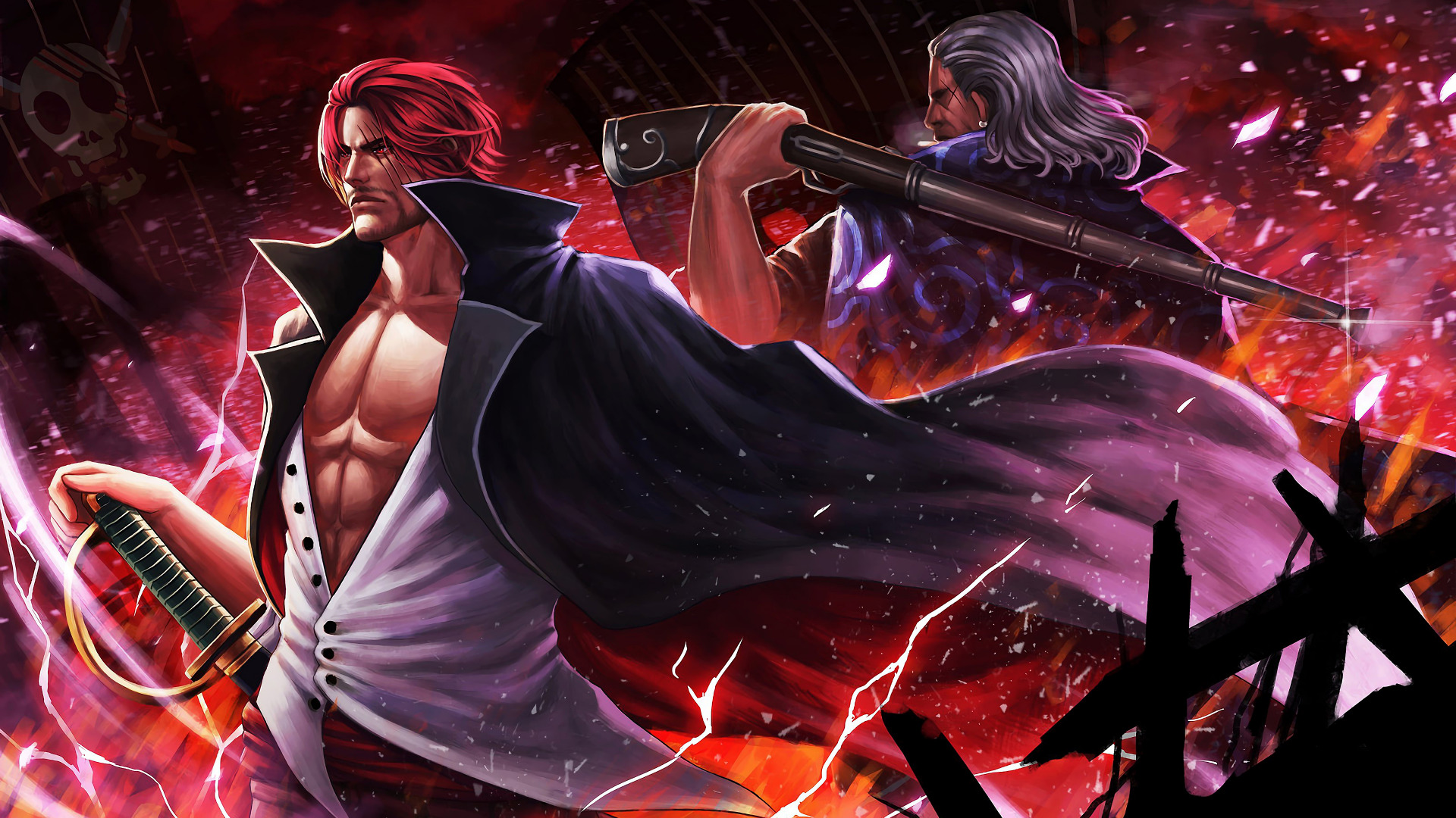 One Piece 4k Wallpaper featuring Shanks and Benn Beckman in a dramatic battle scene