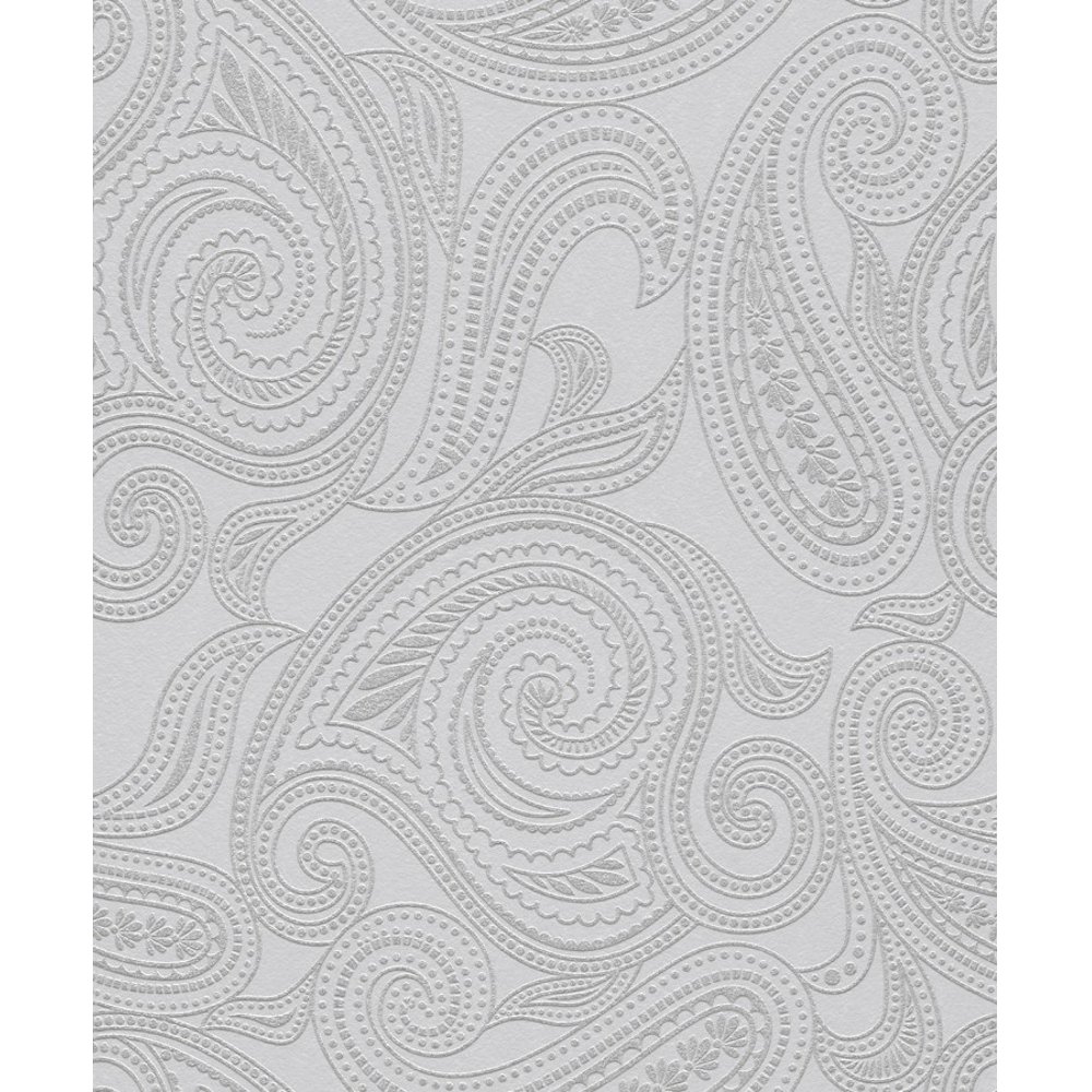 Paisley Motif Patterned Embossed Metallic Grey Silver Wallpaper
