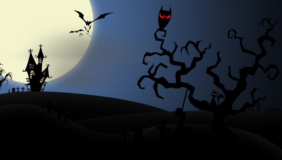 Scary Full Moon Creepy House Owl Halloween Evil Cat Horror