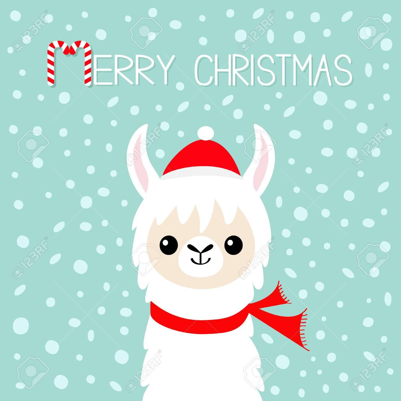 Merry Christmas Llama Alpaca Baby Face Santa Claus Red Hat