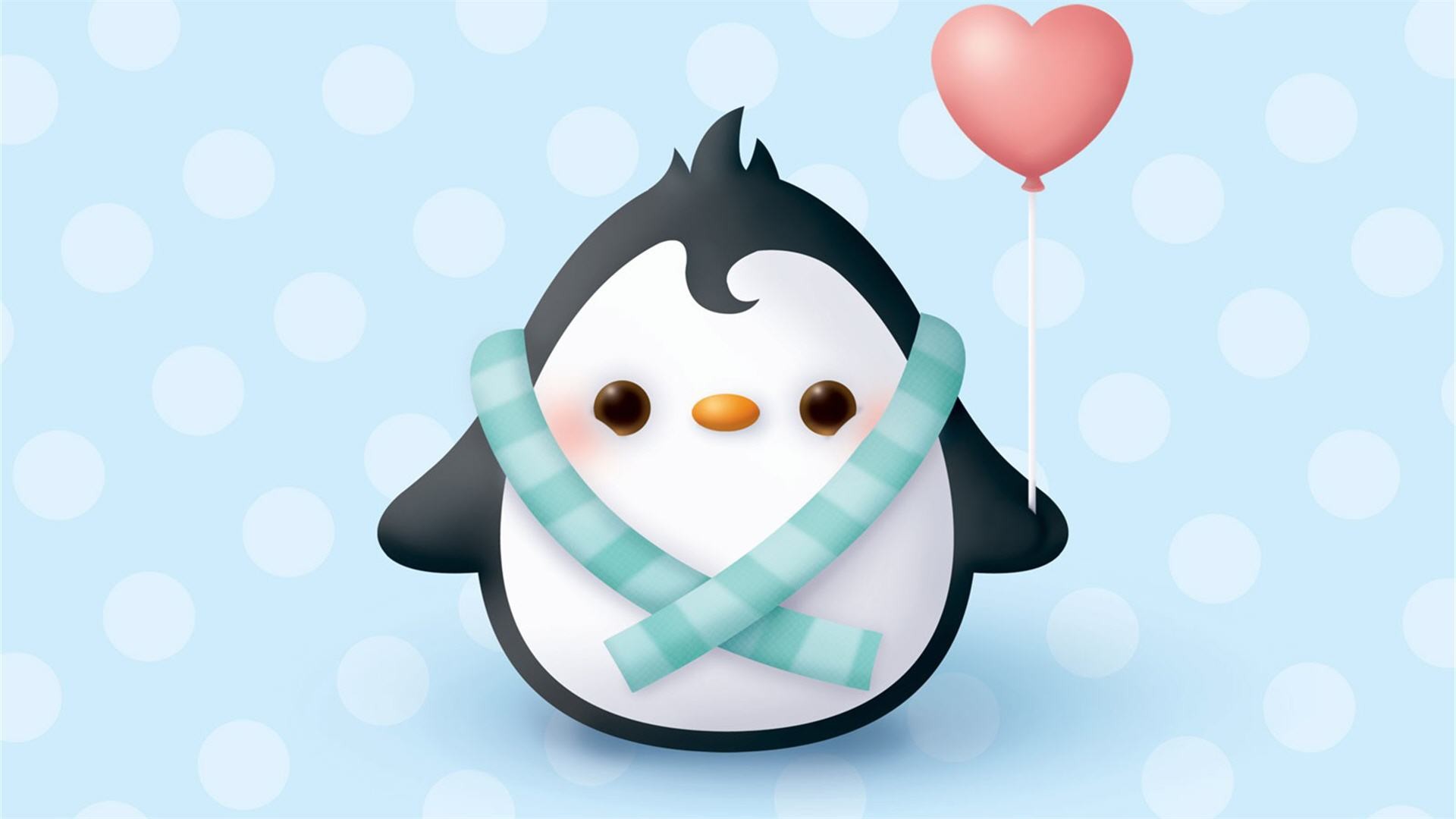 A cute cartoon penguin wearing a light green striped scarf holds a heart-shaped balloon against a light blue polka-dotted background