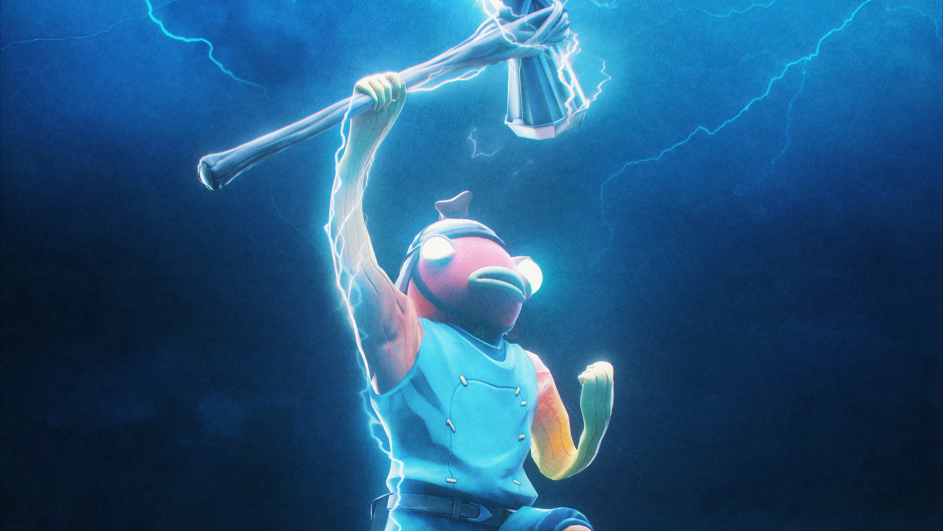 A Fortnite character, Fishstick, wielding Thor's hammer against a stormy backdrop