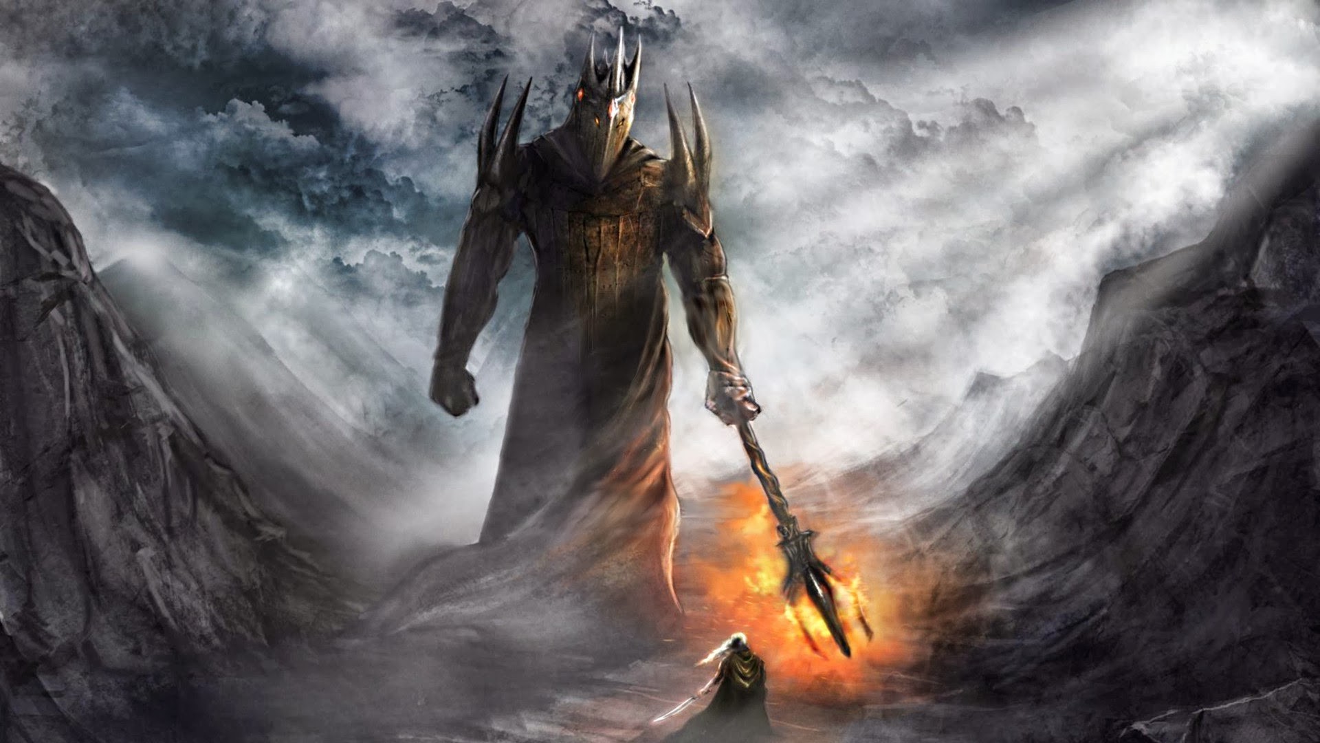 A towering, dark figure reminiscent of the Witch-king of Angmar from Lord of the Rings stands in a desolate, mountainous landscape, holding a flaming mace. A smaller figure cloaked in white stands defiantly before him
