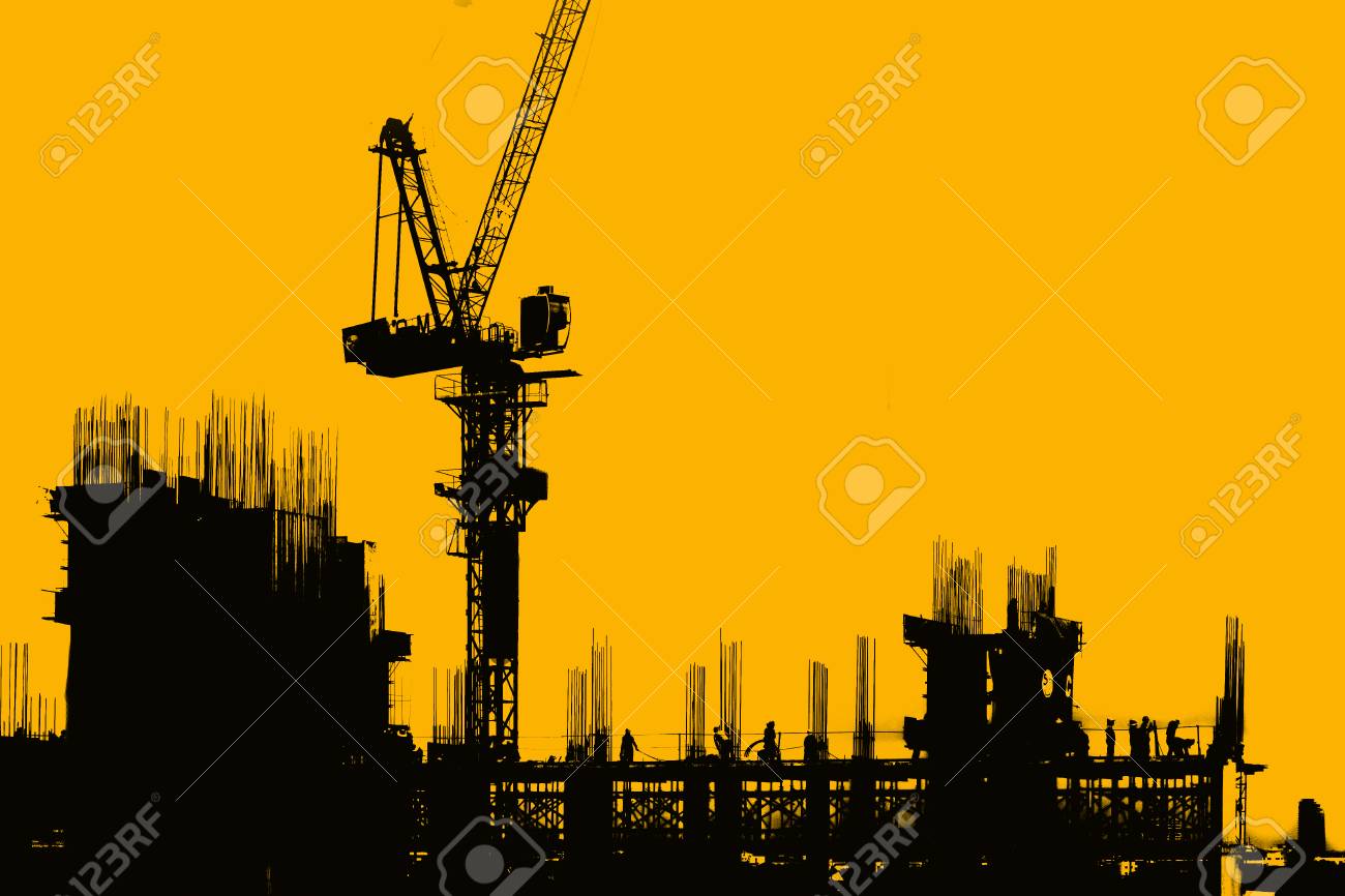 The Silhouette Construction Site With Tower Crane Background Stock