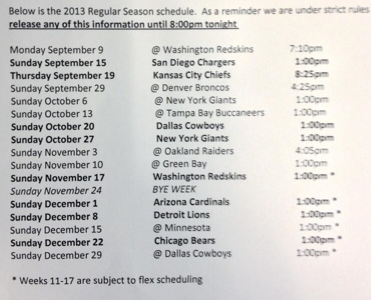 Philadelphia Eagles 2013 Regular Season Schedule Leaked