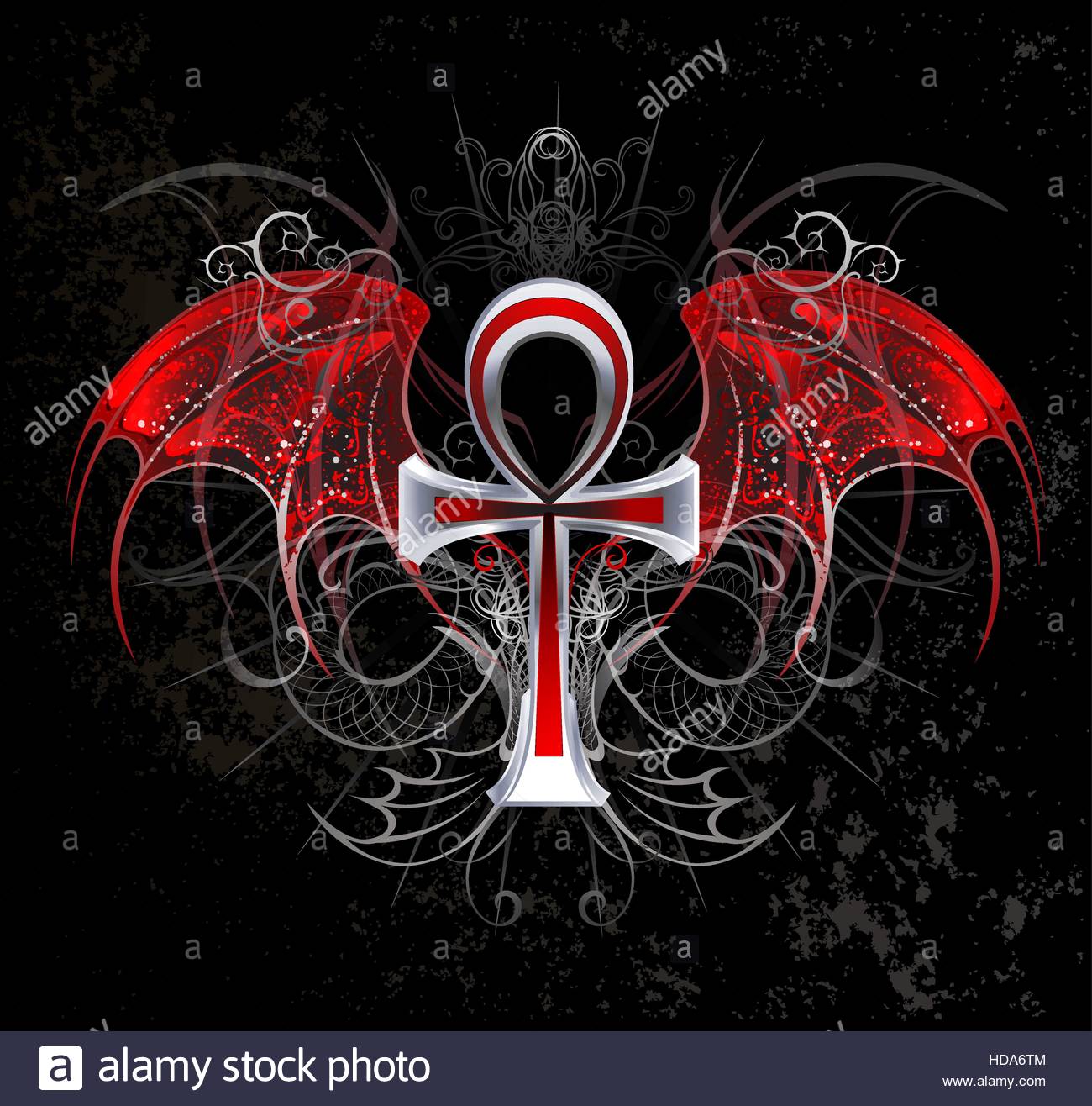 Silver Ankh Vampire With Red Wings On A Black Background Stock
