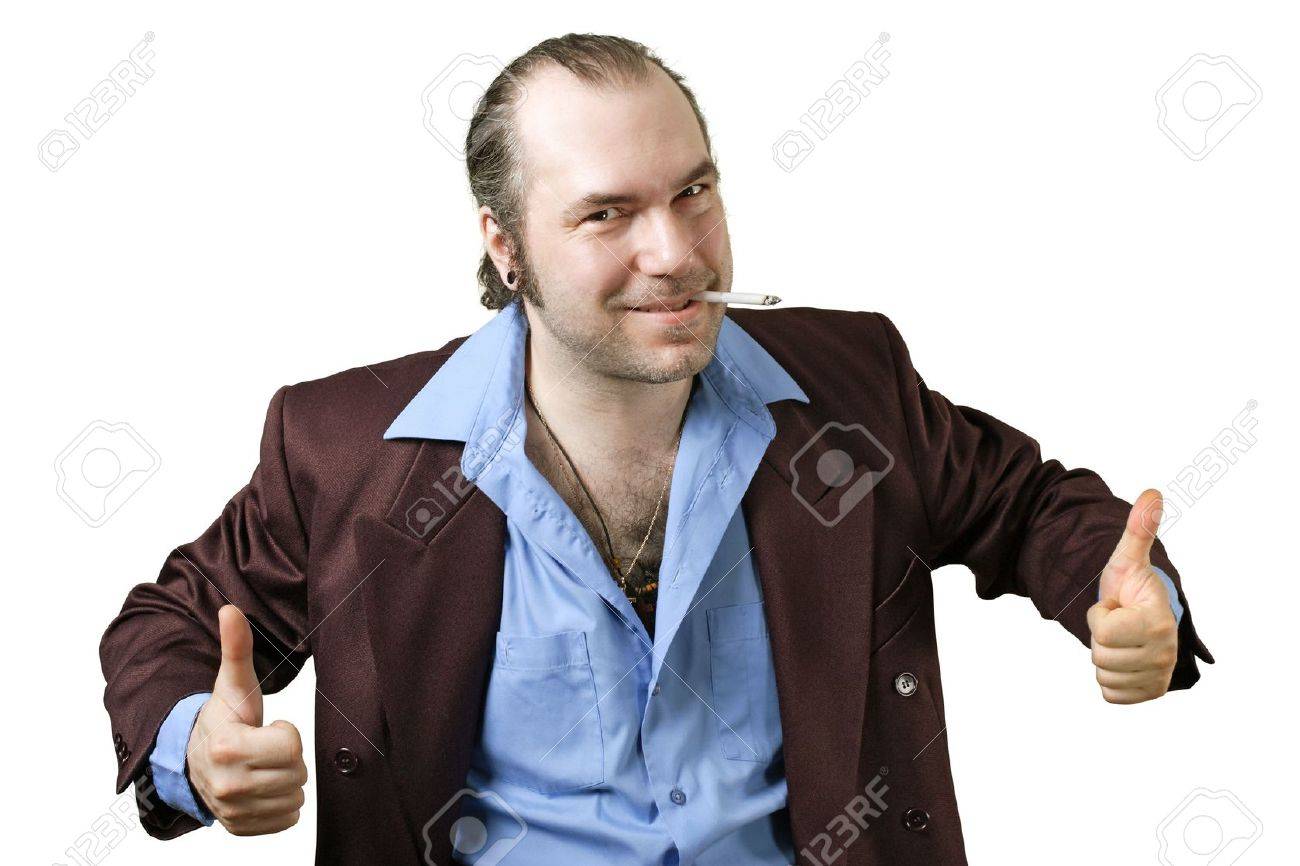 A Sleazy Car Salesman Con Man Retro Suit Wearing With Happy
