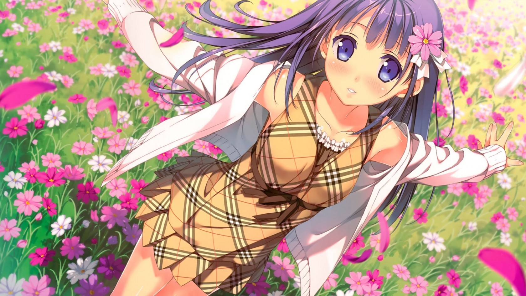 A cute anime girl with purple hair and a yellow plaid dress frolics in a field of pink and white cosmos flowers